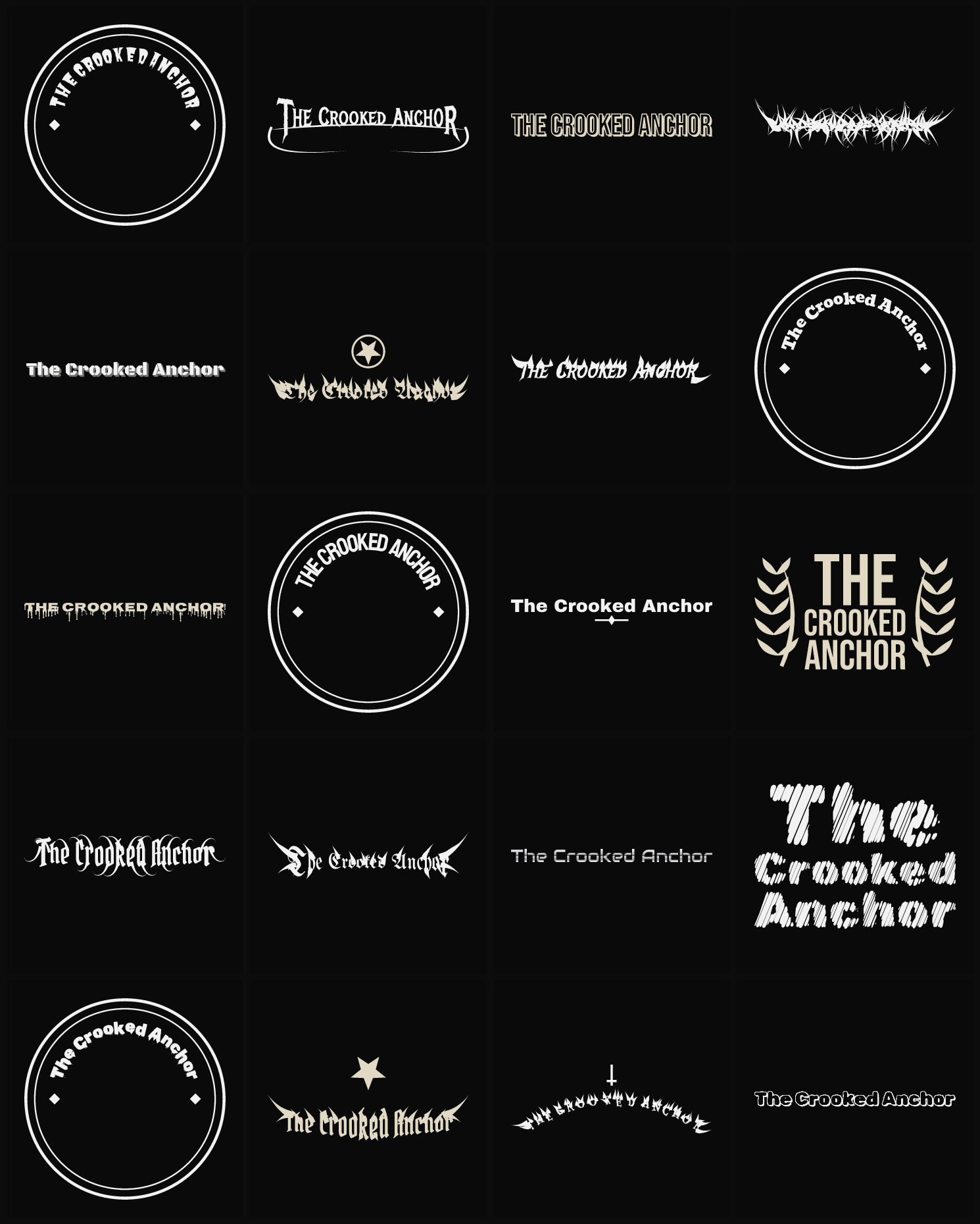 Twenty The Crooked Anchor band logo ideas — different faces, treatments and spike settings