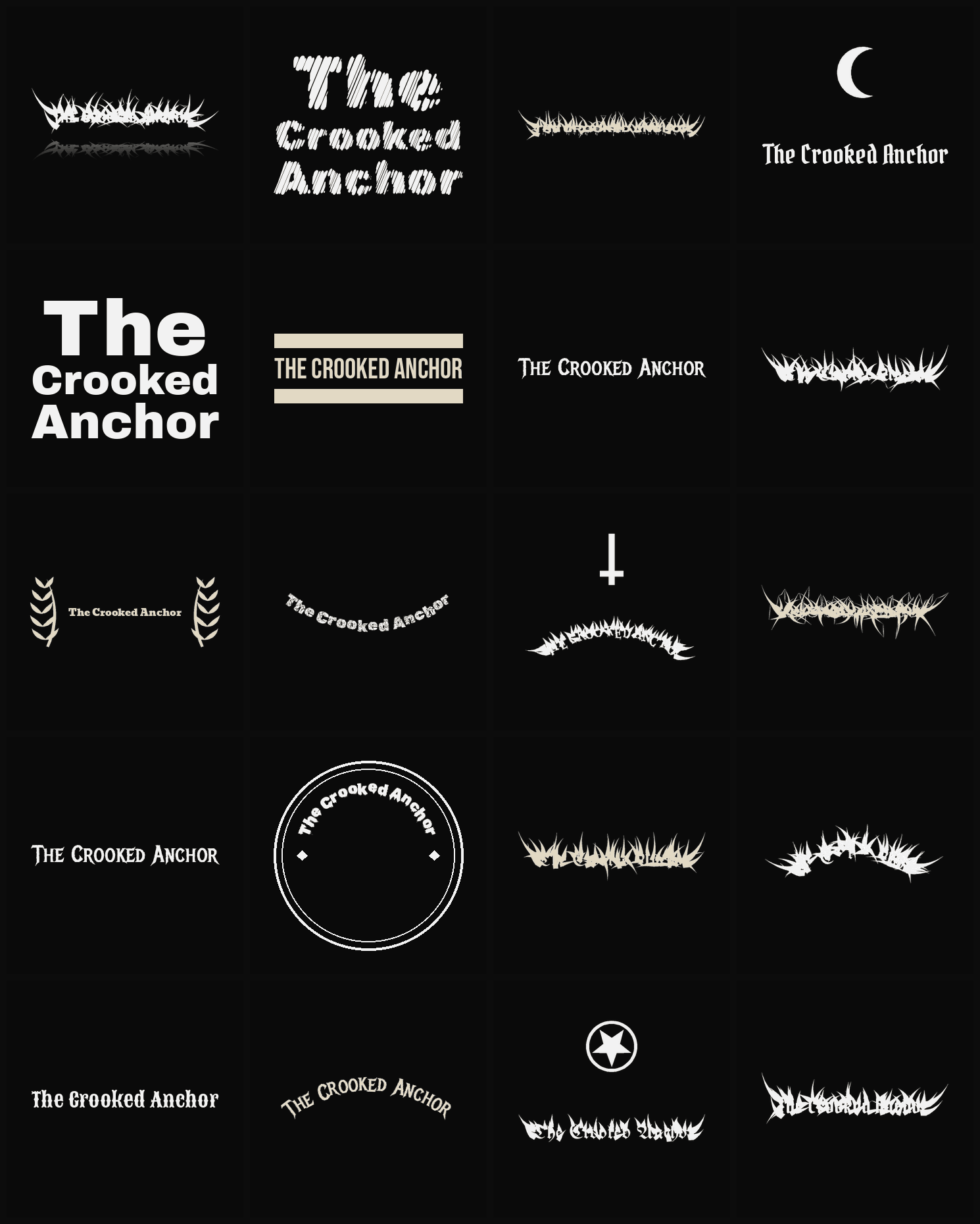 Twenty The Crooked Anchor band logo ideas — different faces, treatments and spike settings