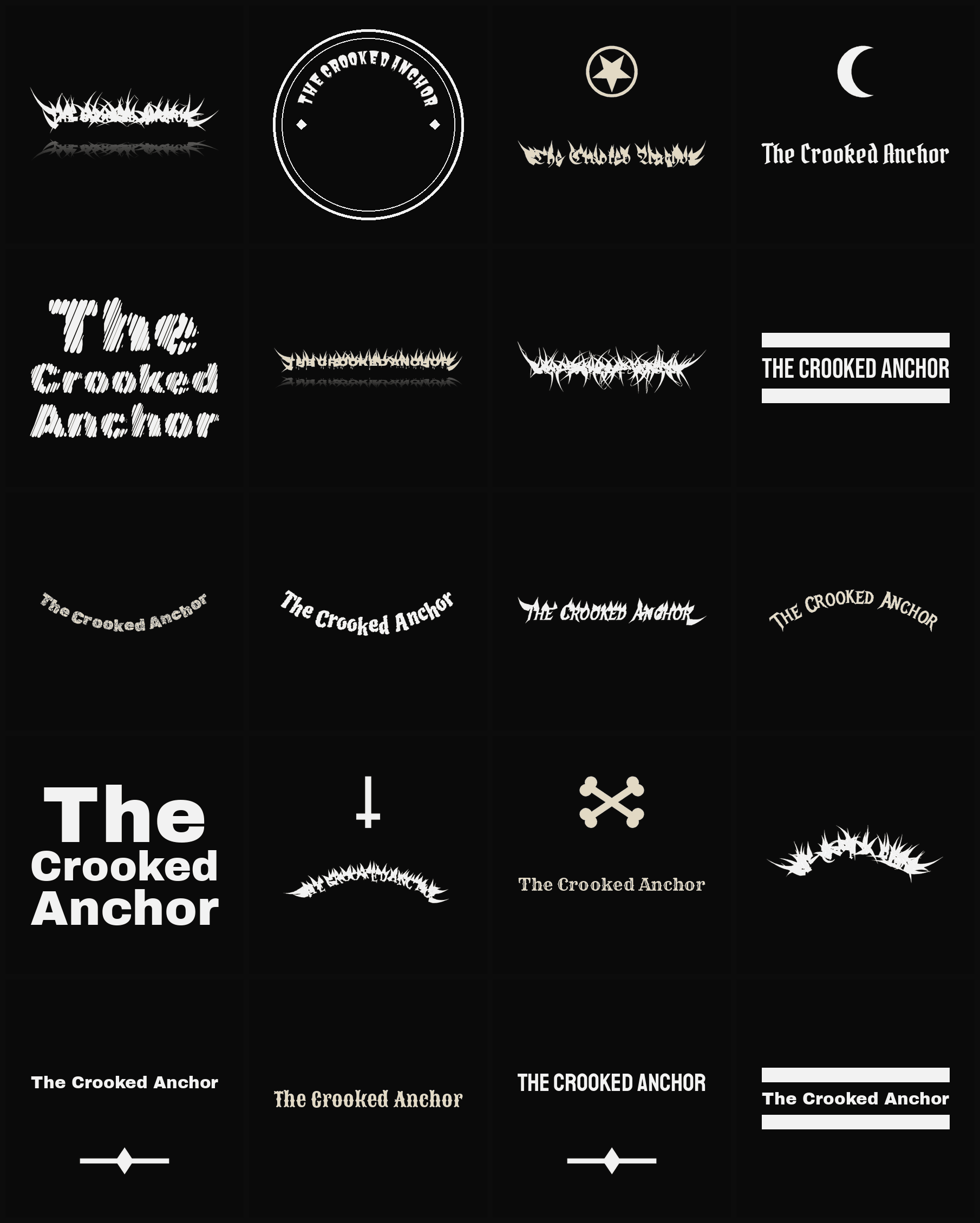 Twenty The Crooked Anchor band logo ideas — different faces, treatments and spike settings