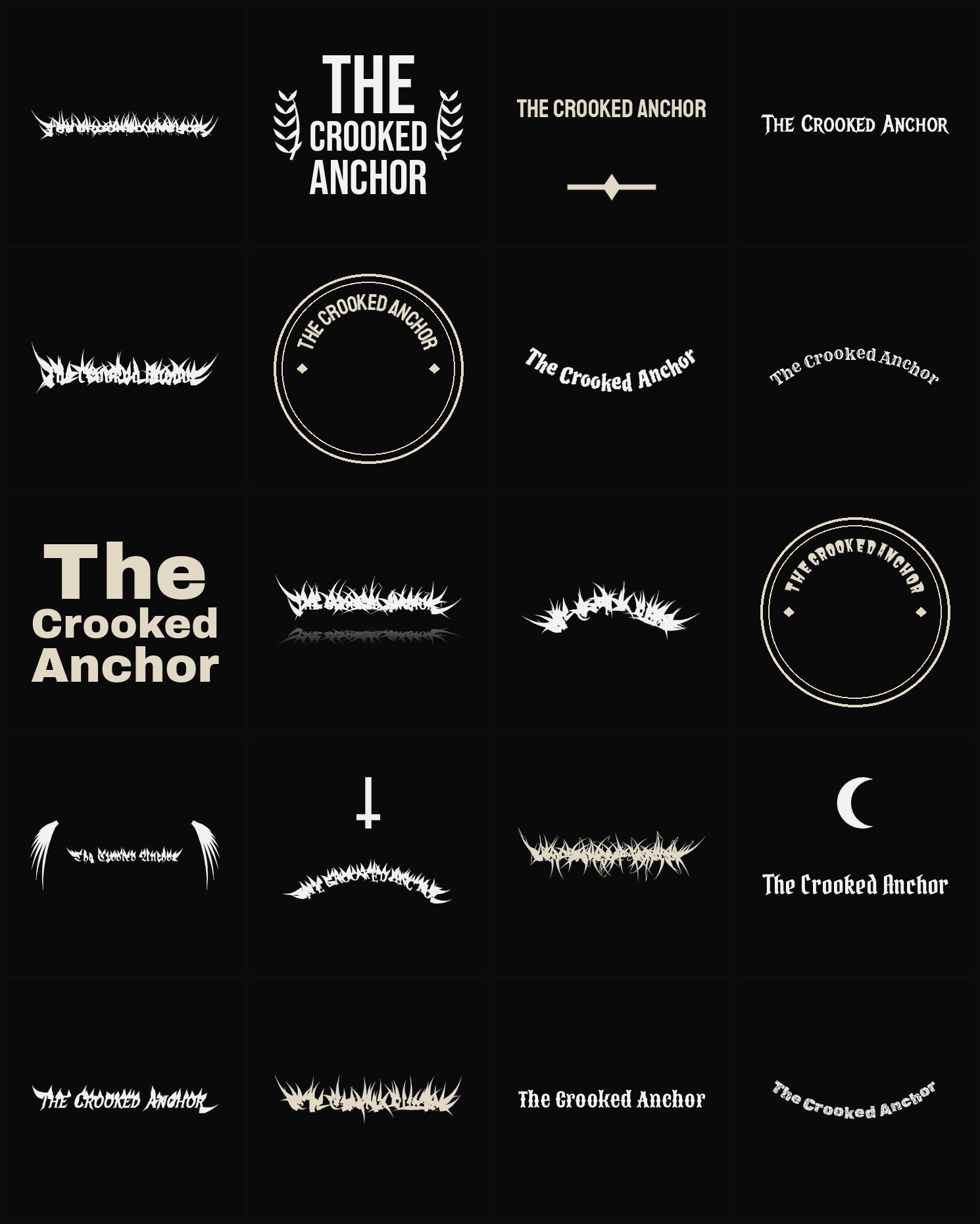Twenty The Crooked Anchor band logo ideas — different faces, treatments and spike settings