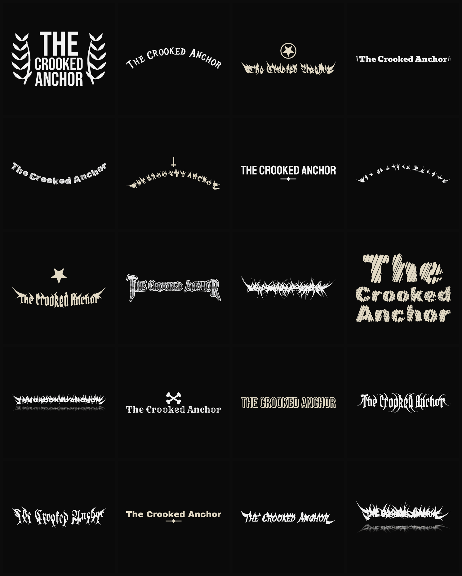 Twenty The Crooked Anchor band logo ideas — different faces, treatments and spike settings