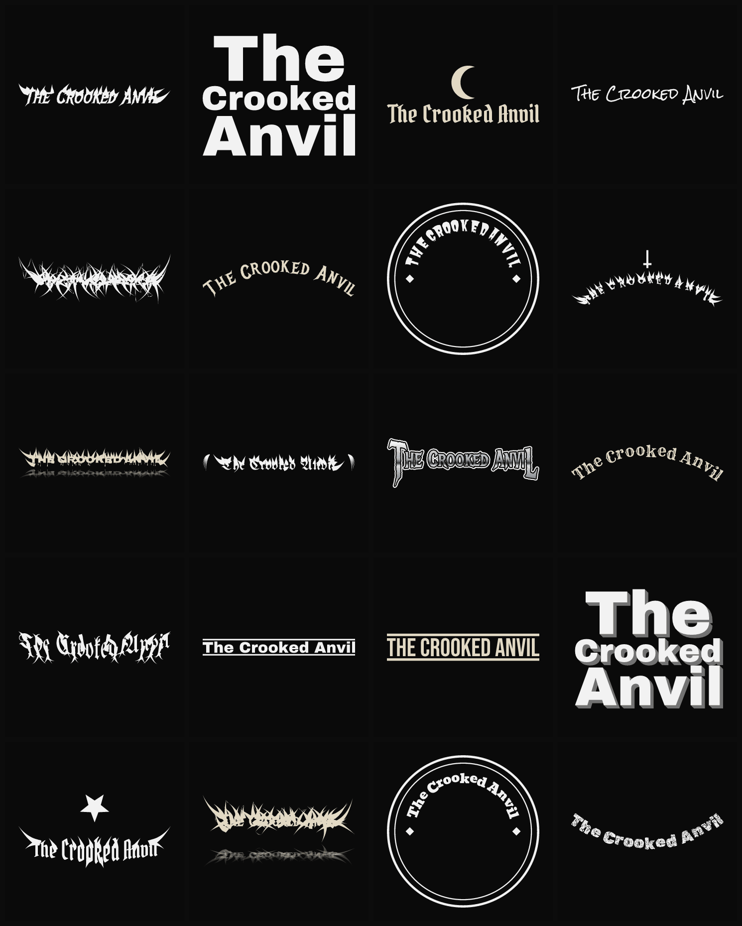 Twenty The Crooked Anvil band logo ideas — different faces, treatments and spike settings