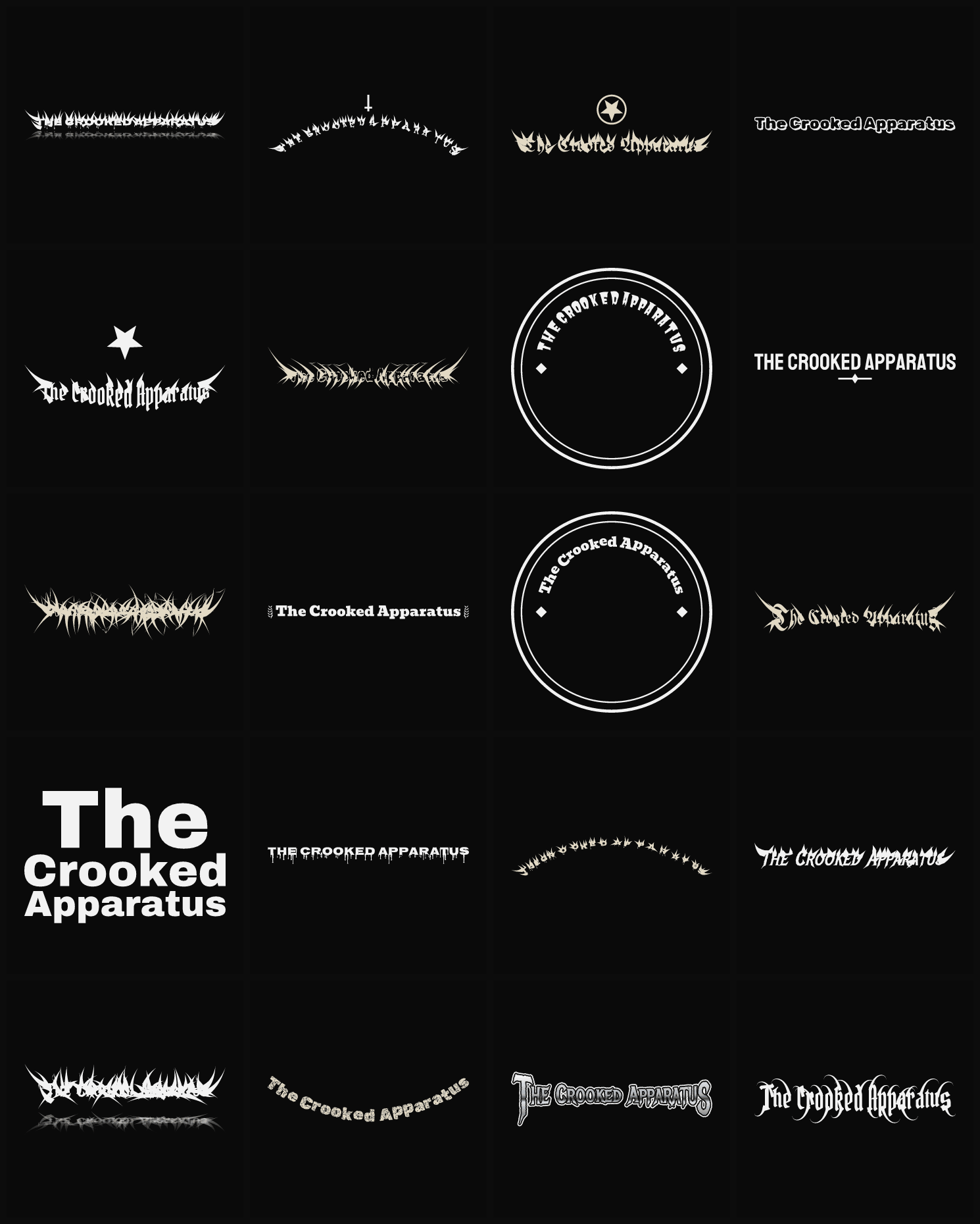 Twenty The Crooked Apparatus band logo ideas — different faces, treatments and spike settings