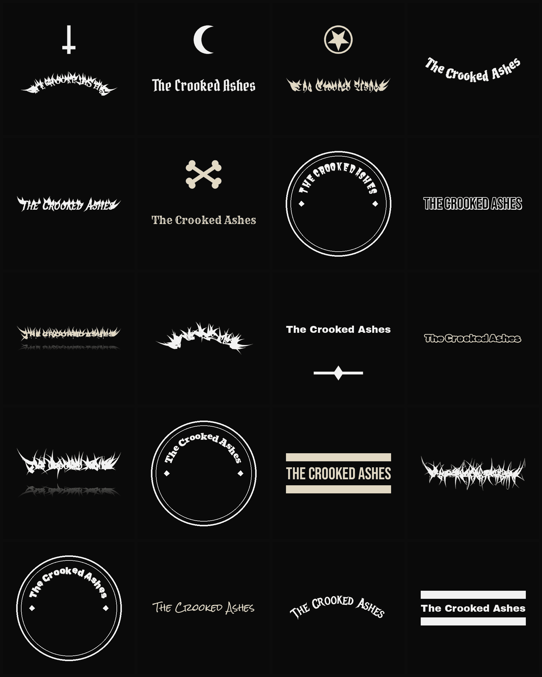 Twenty The Crooked Ashes band logo ideas — different faces, treatments and spike settings