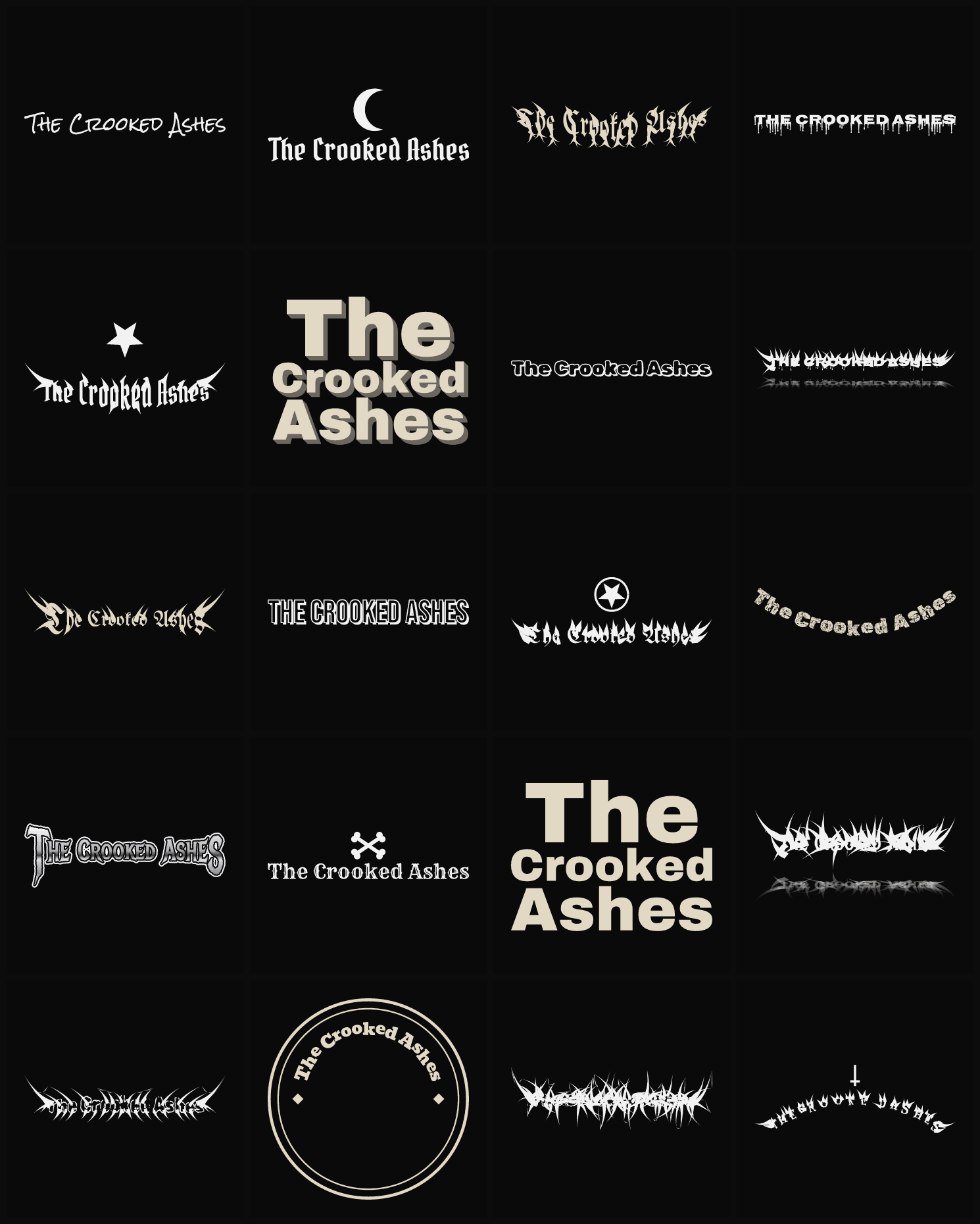 Twenty The Crooked Ashes band logo ideas — different faces, treatments and spike settings