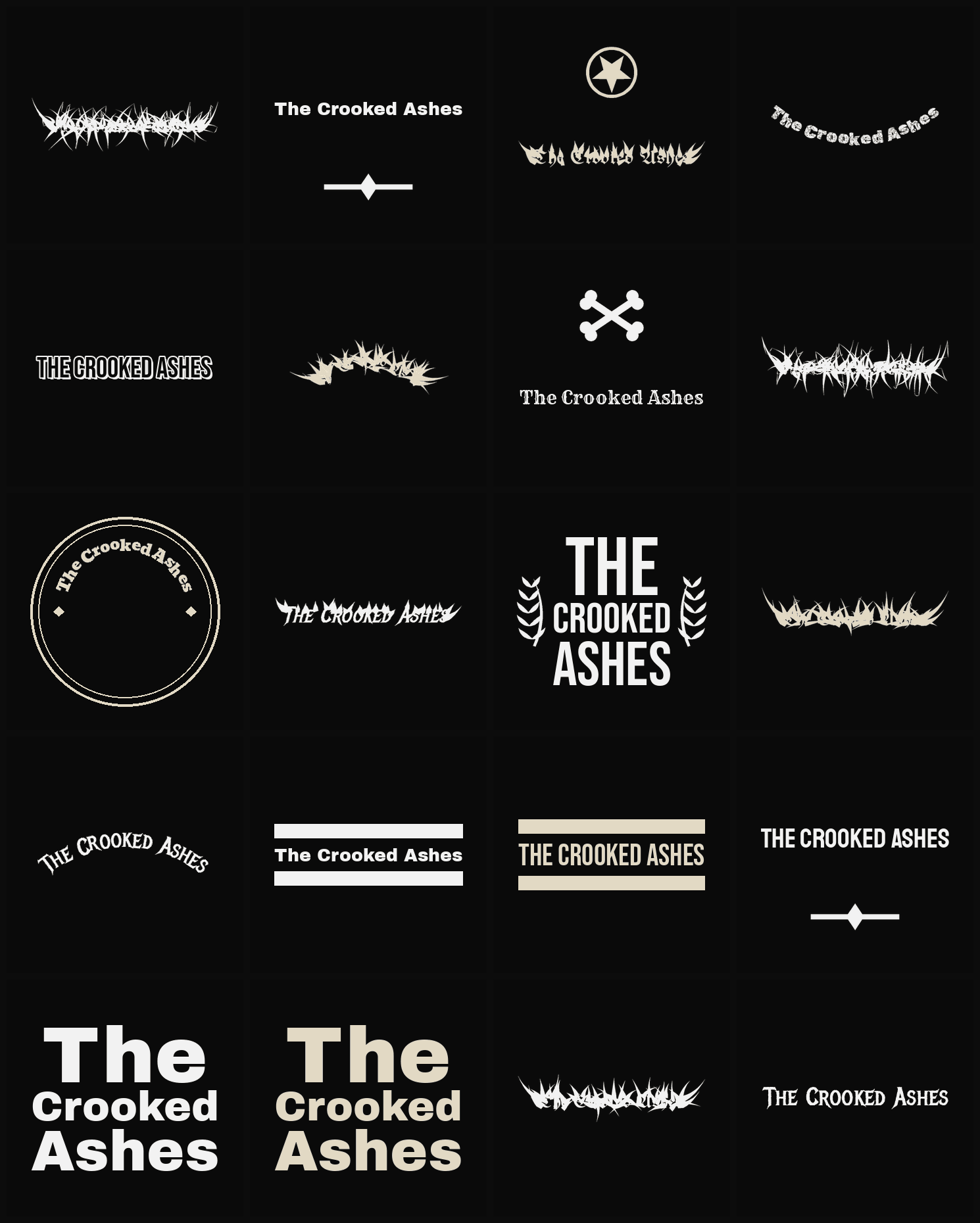 Twenty The Crooked Ashes band logo ideas — different faces, treatments and spike settings