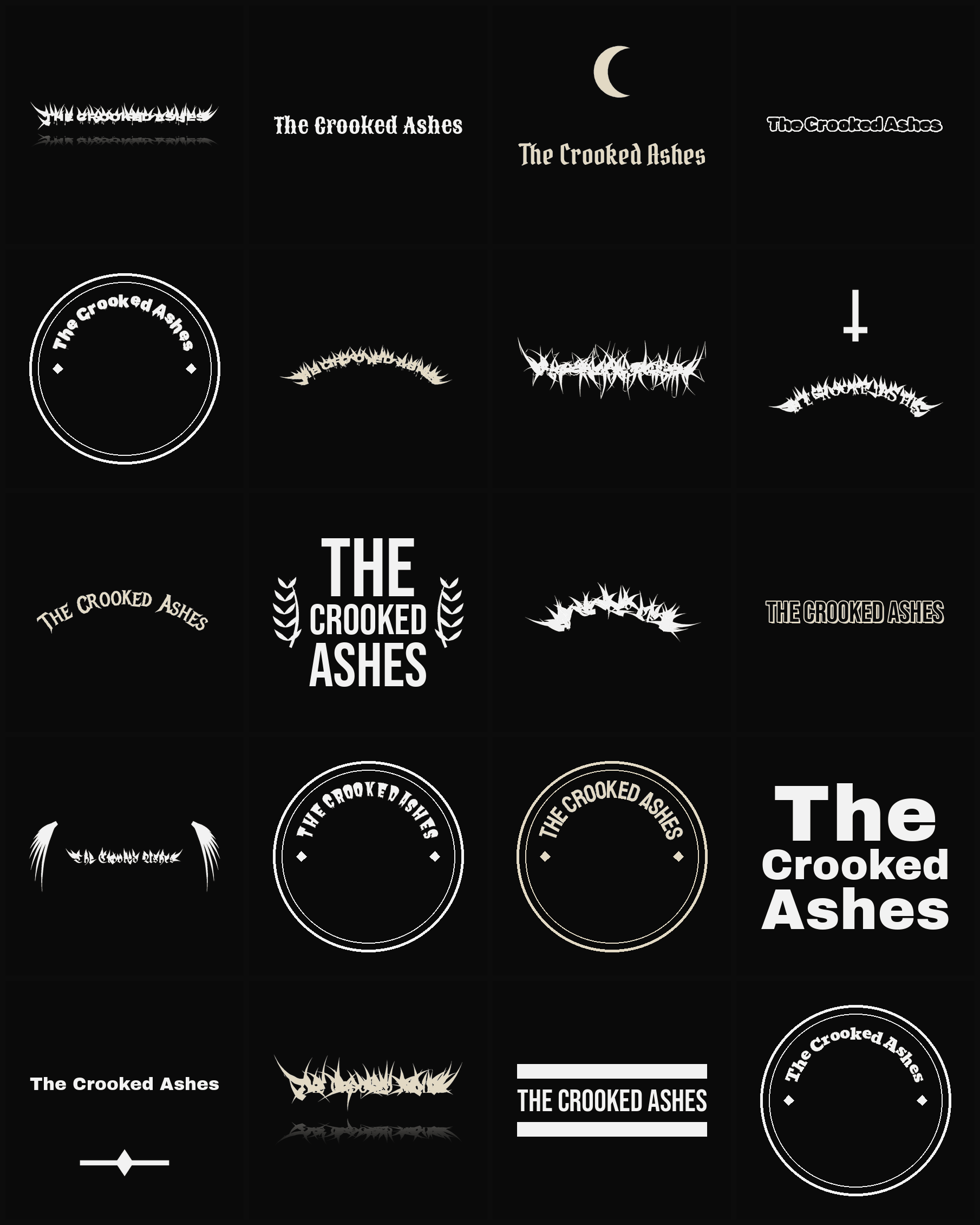 Twenty The Crooked Ashes band logo ideas — different faces, treatments and spike settings