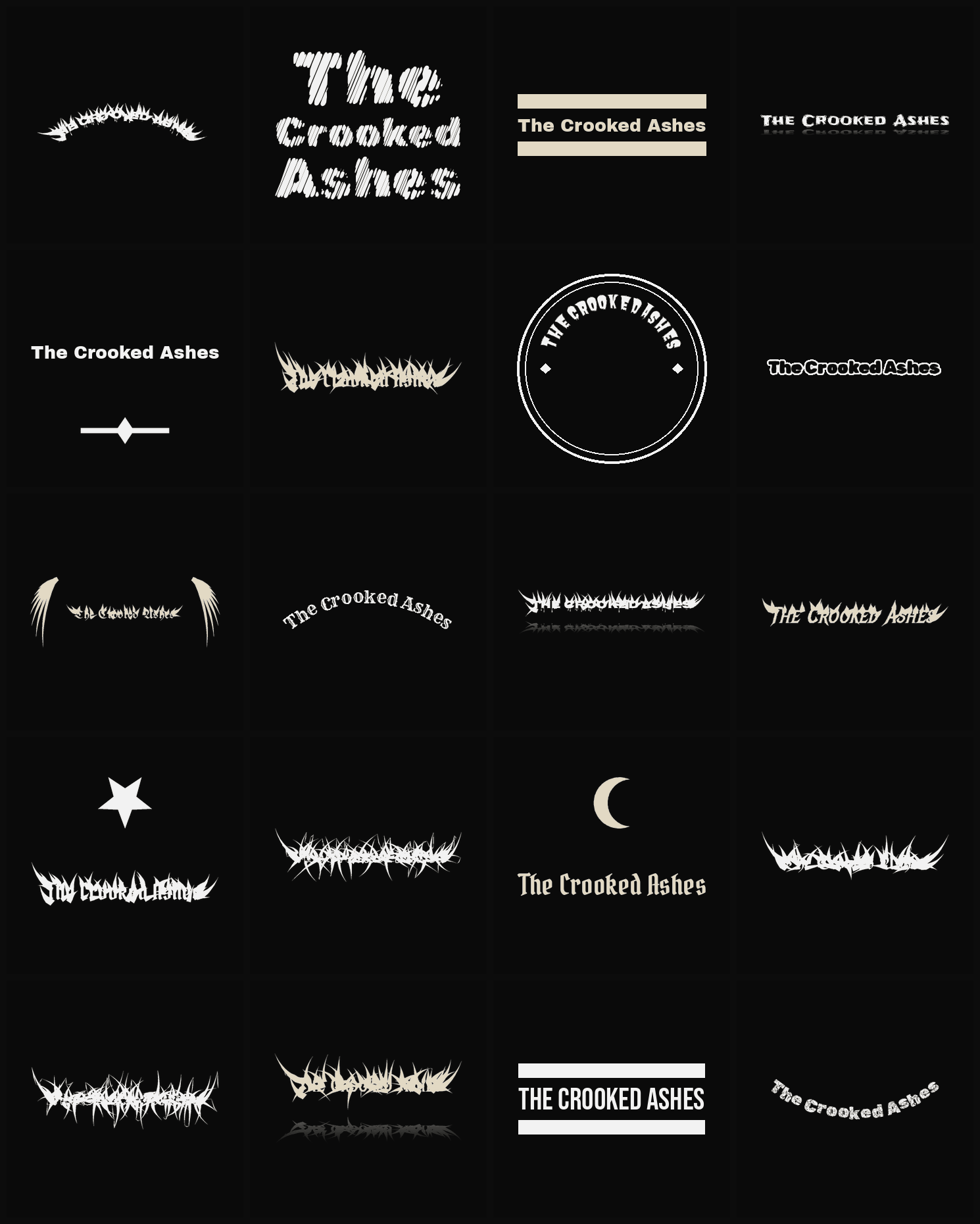 Twenty The Crooked Ashes band logo ideas — different faces, treatments and spike settings