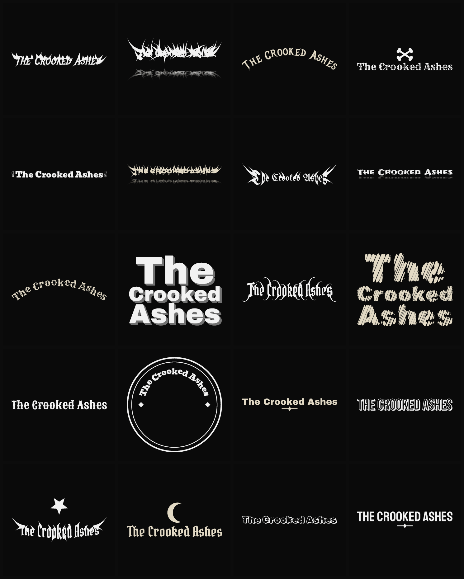 Twenty The Crooked Ashes band logo ideas — different faces, treatments and spike settings