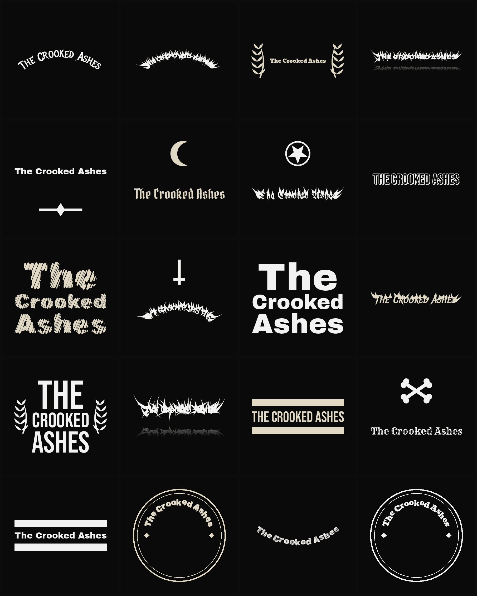Twenty The Crooked Ashes band logo ideas — different faces, treatments and spike settings