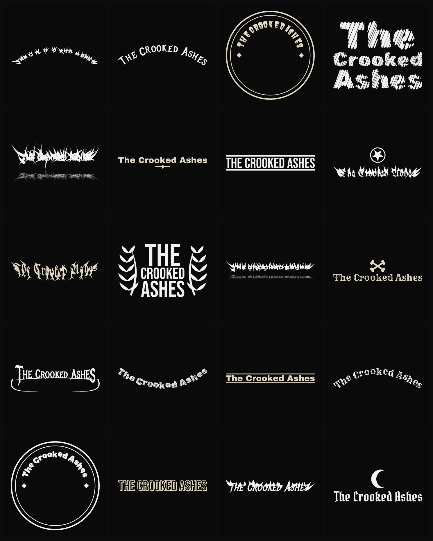 Twenty The Crooked Ashes band logo ideas — different faces, treatments and spike settings