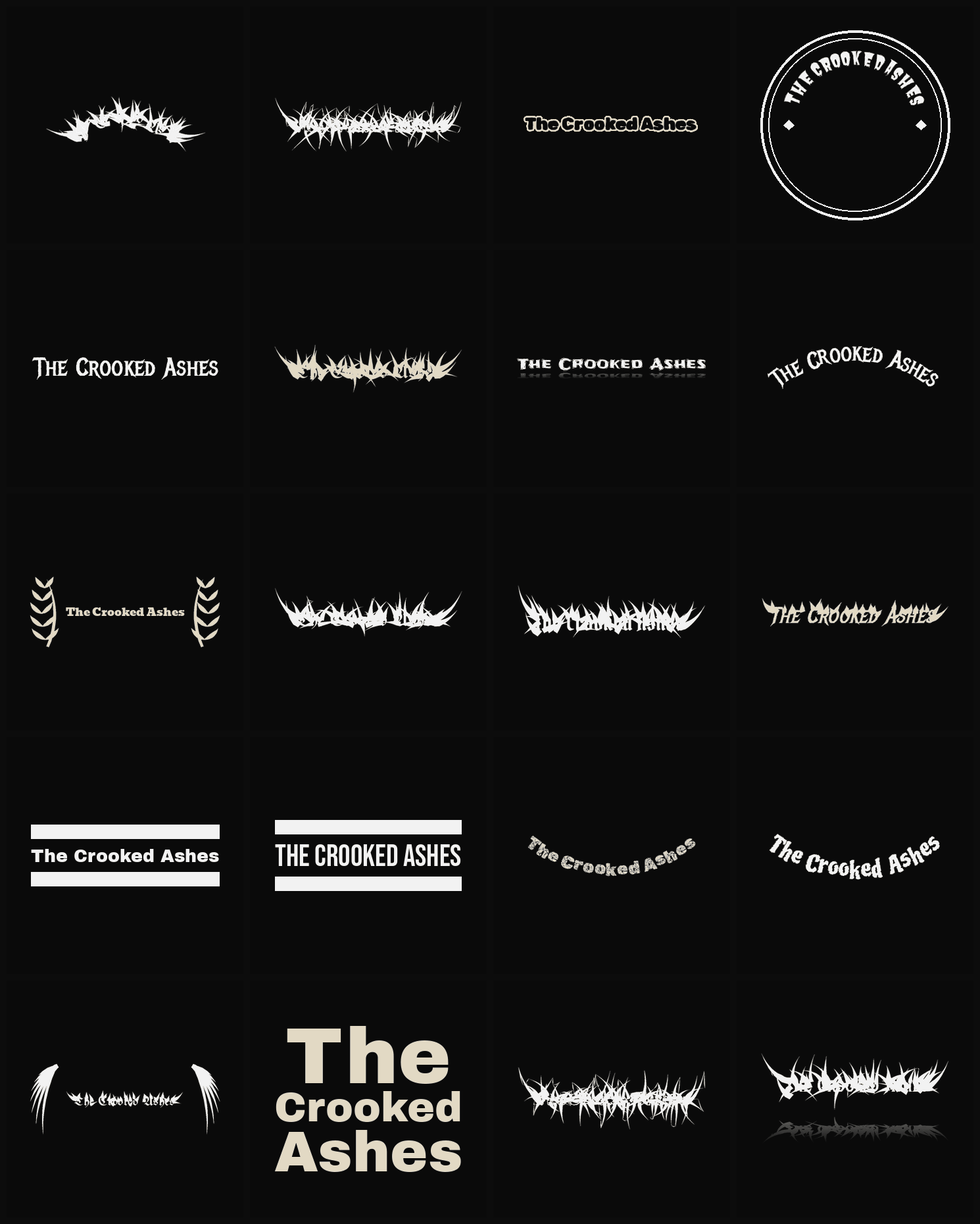 Twenty The Crooked Ashes band logo ideas — different faces, treatments and spike settings