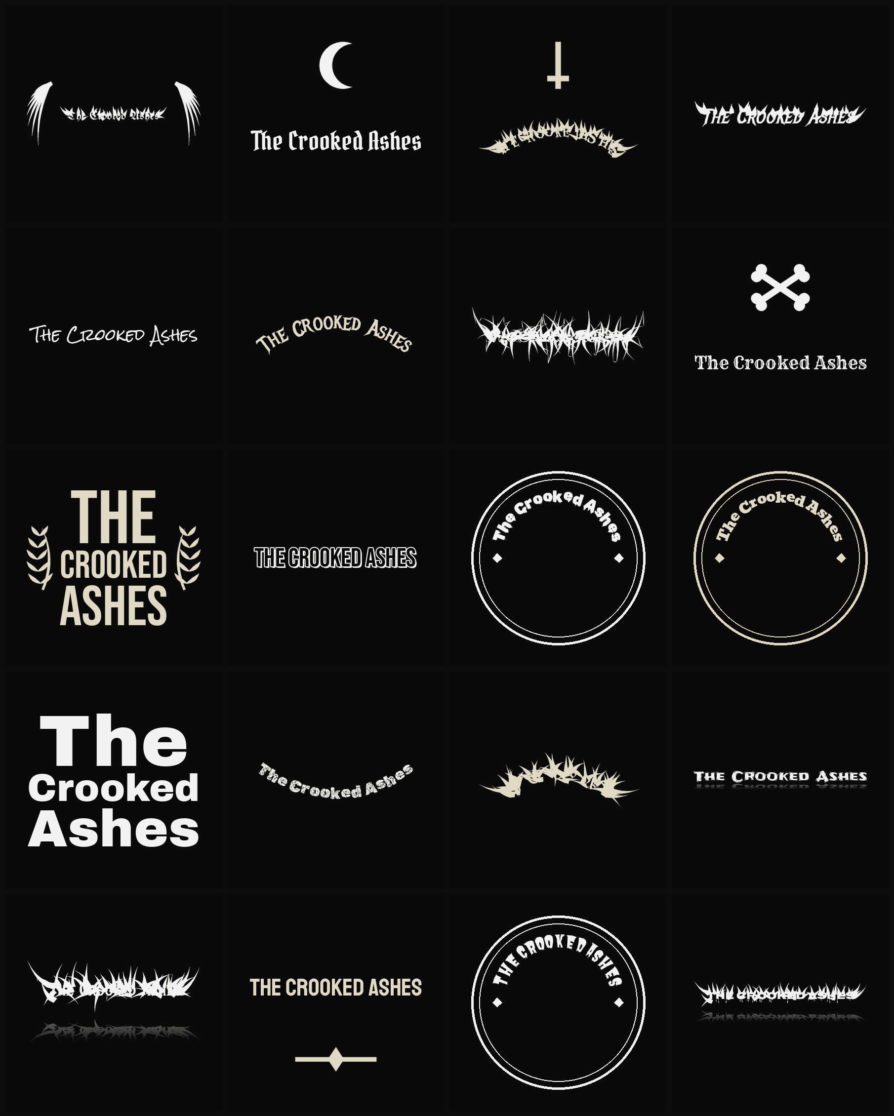 Twenty The Crooked Ashes band logo ideas — different faces, treatments and spike settings