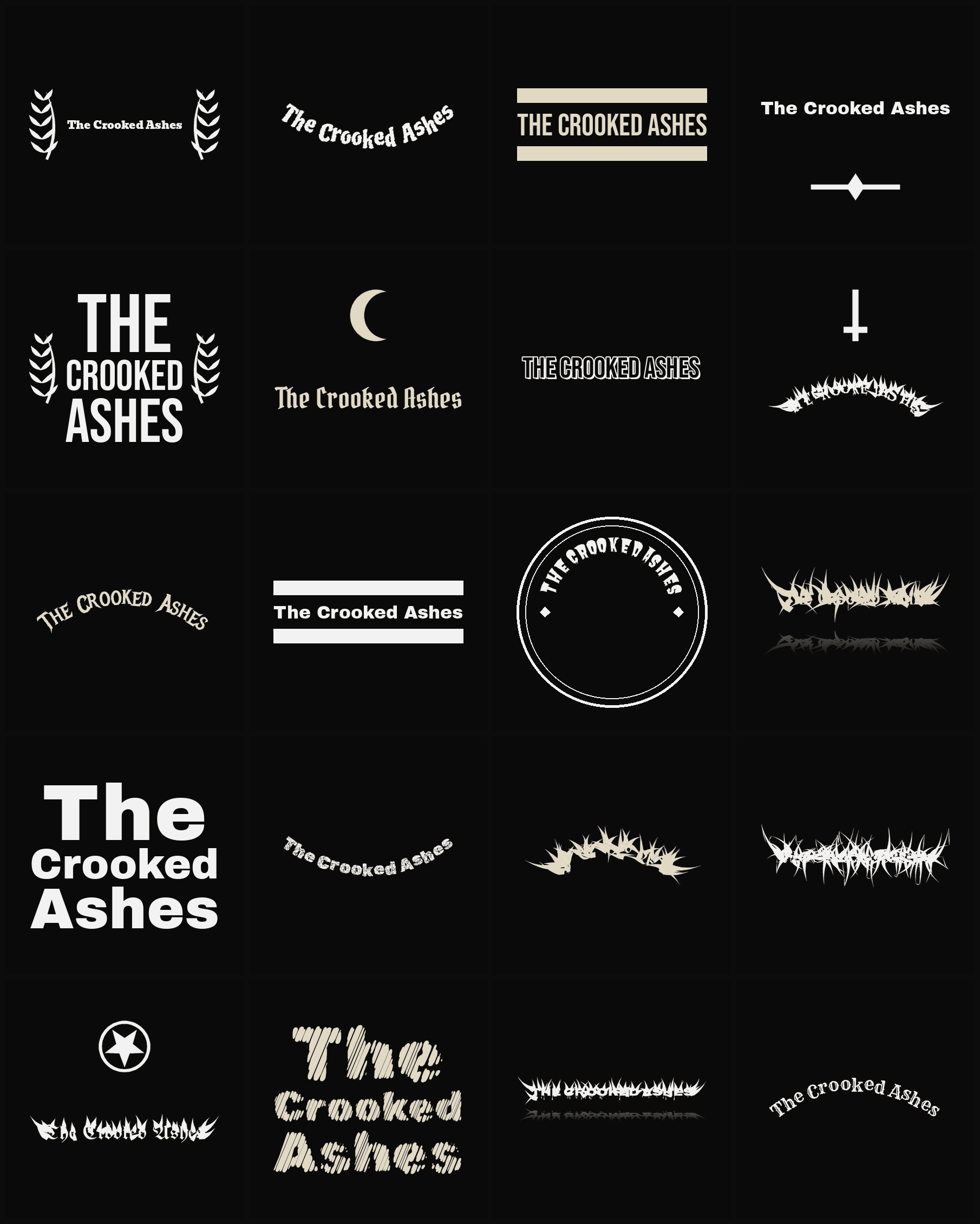 Twenty The Crooked Ashes band logo ideas — different faces, treatments and spike settings