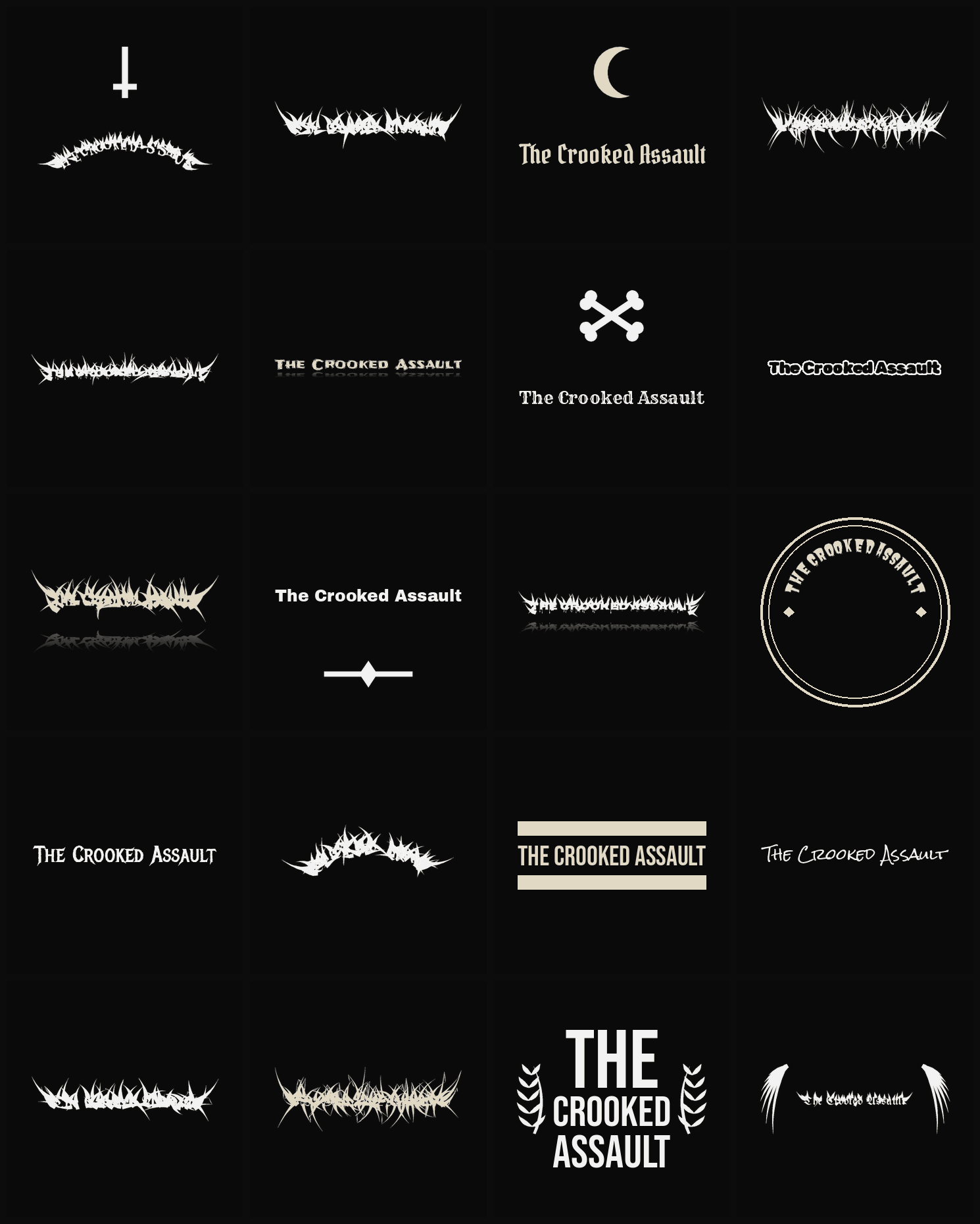 Twenty The Crooked Assault band logo ideas — different faces, treatments and spike settings