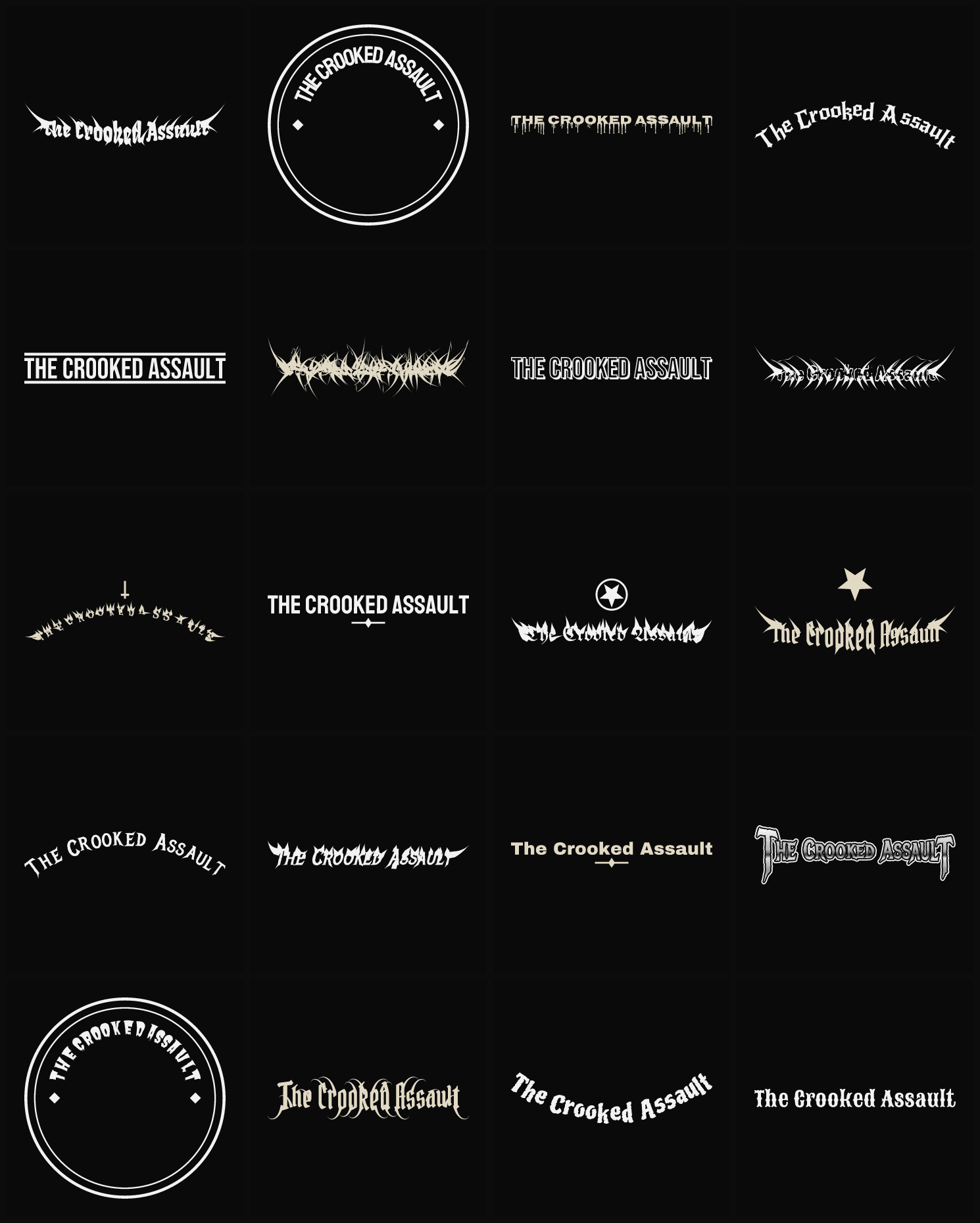 Twenty The Crooked Assault band logo ideas — different faces, treatments and spike settings