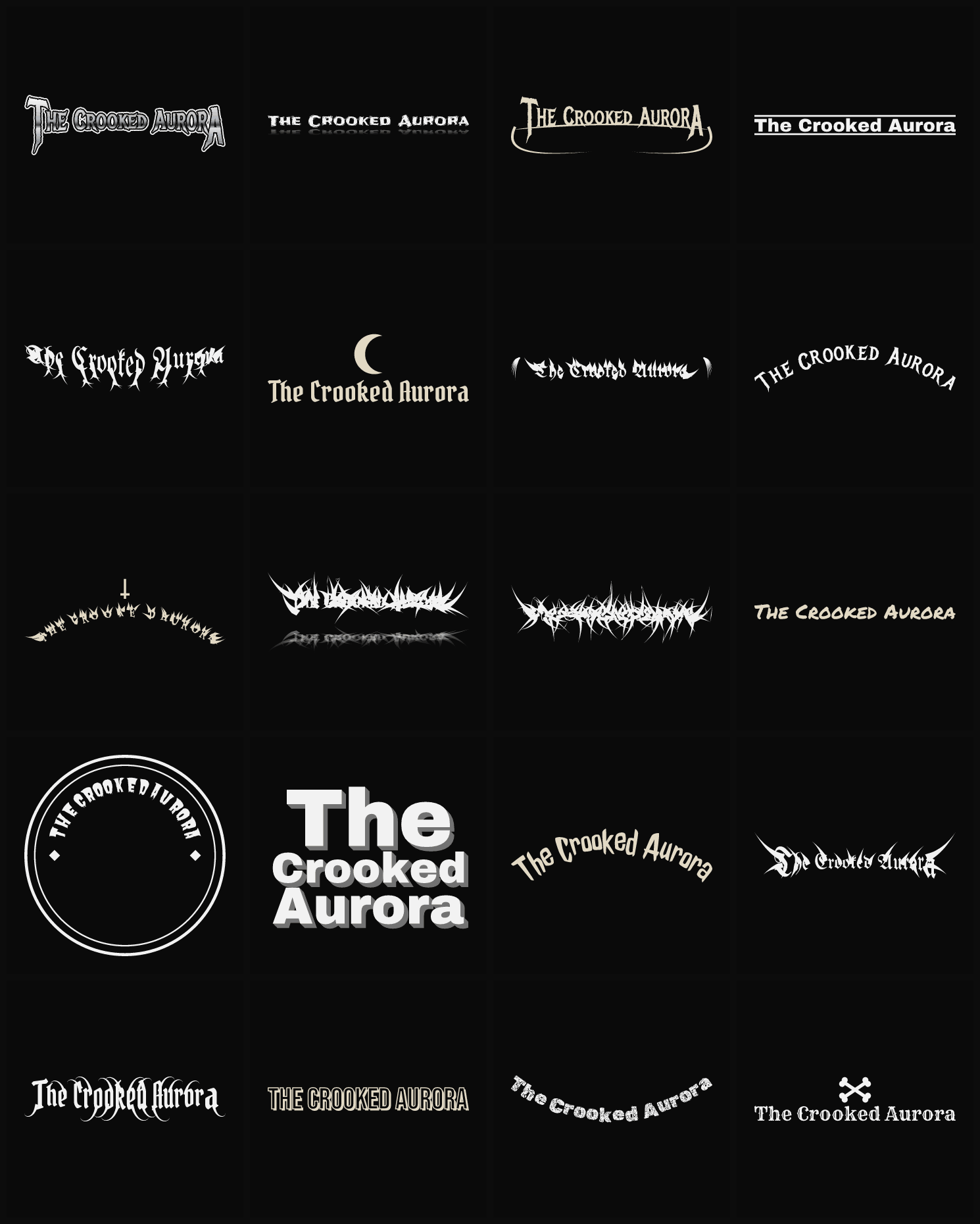 Twenty The Crooked Aurora band logo ideas — different faces, treatments and spike settings