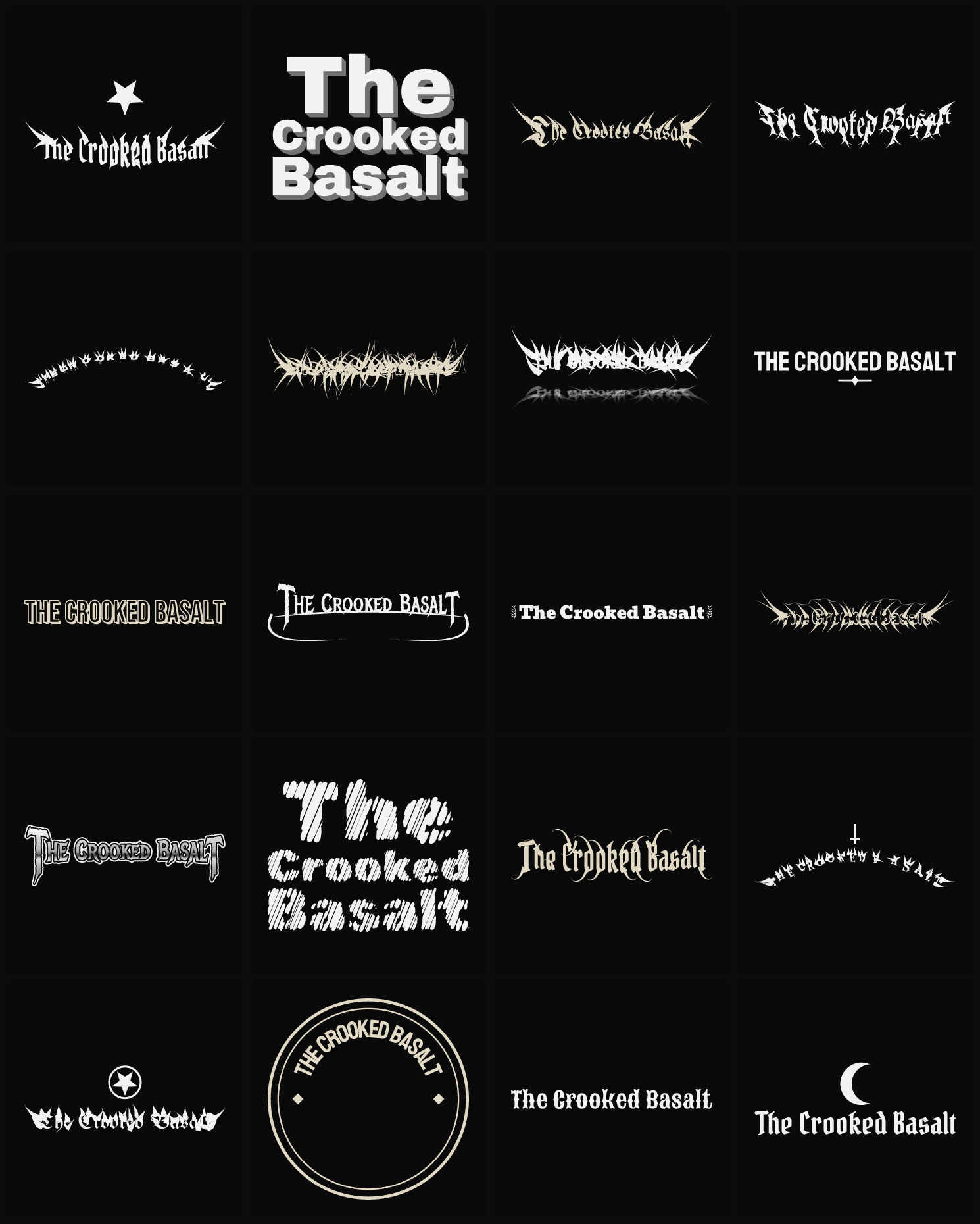 Twenty The Crooked Basalt band logo ideas — different faces, treatments and spike settings