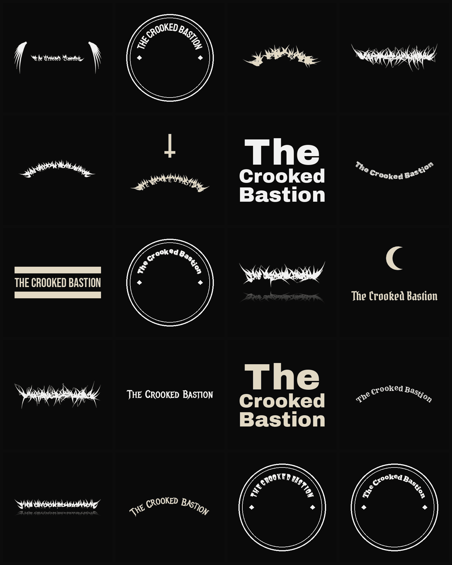 Twenty The Crooked Bastion band logo ideas — different faces, treatments and spike settings