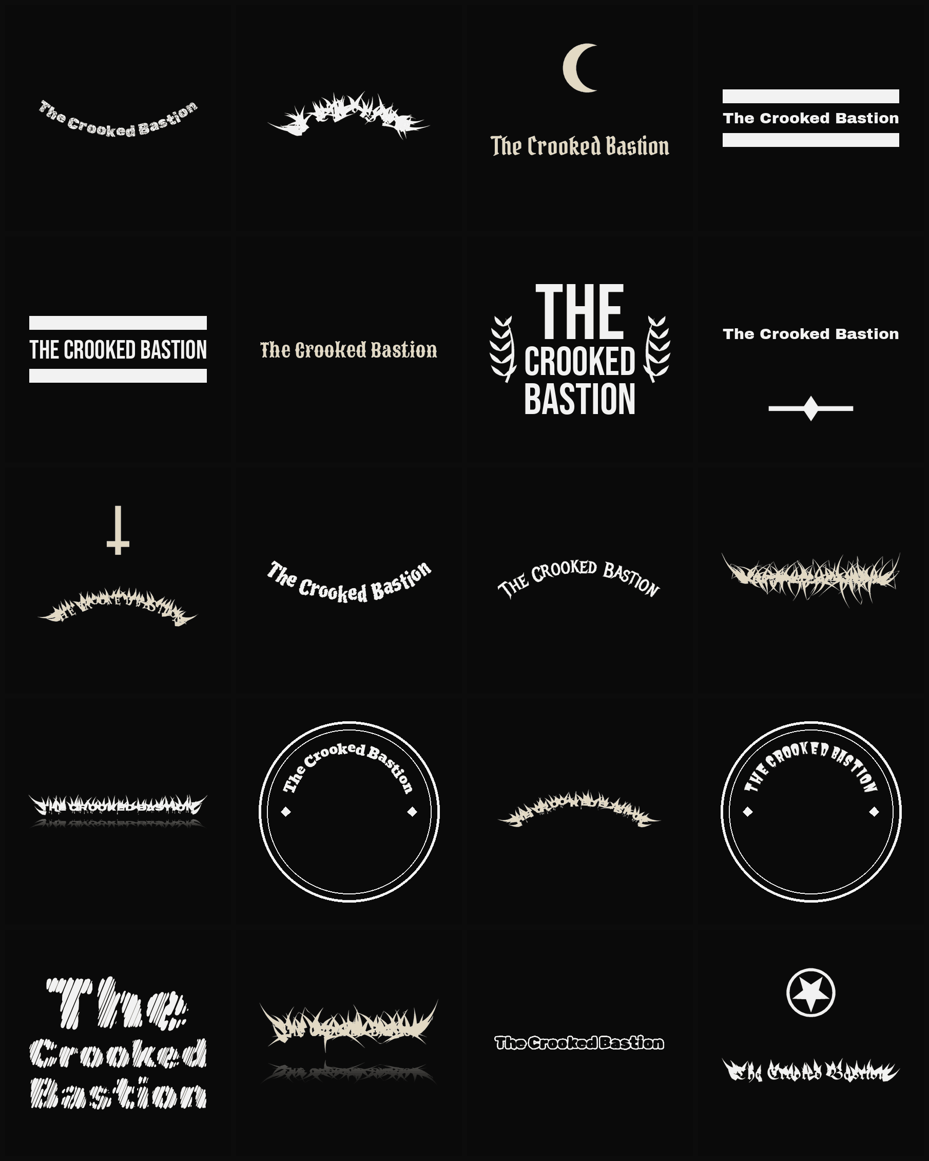 Twenty The Crooked Bastion band logo ideas — different faces, treatments and spike settings