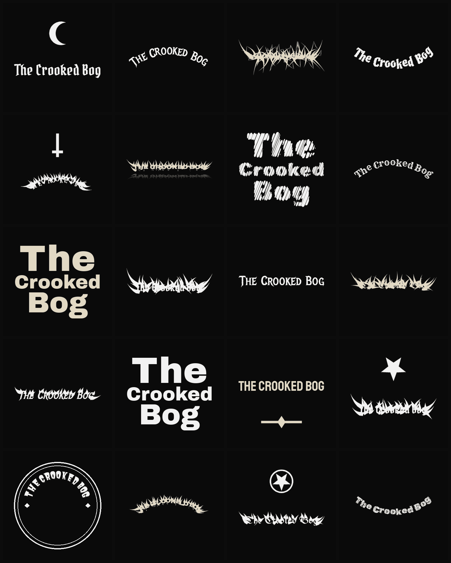 Twenty The Crooked Bog band logo ideas — different faces, treatments and spike settings