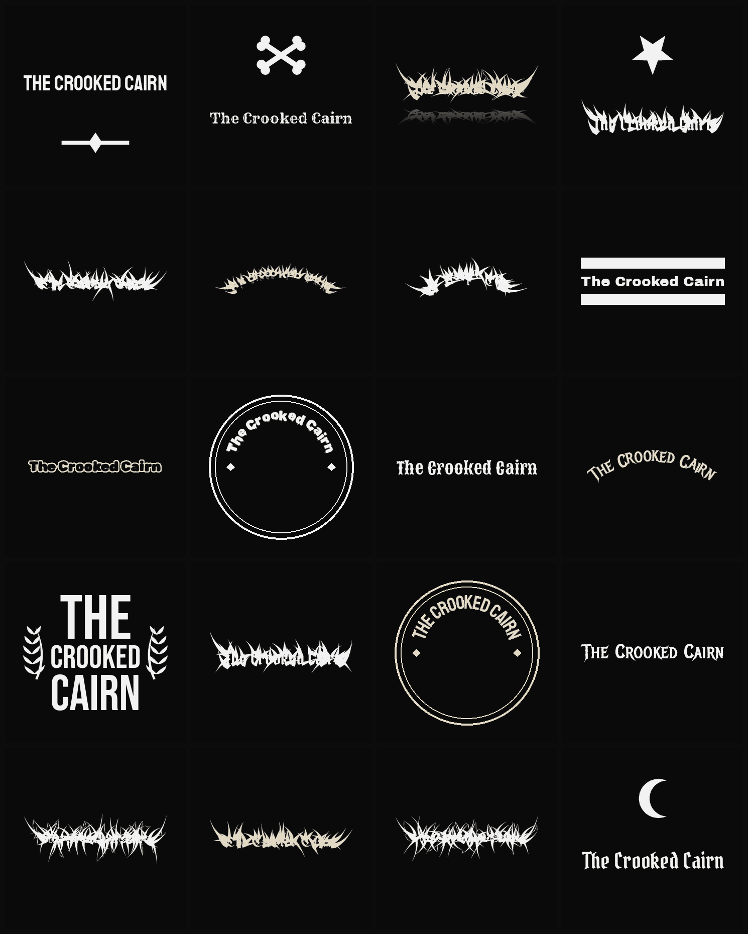 Twenty The Crooked Cairn band logo ideas — different faces, treatments and spike settings
