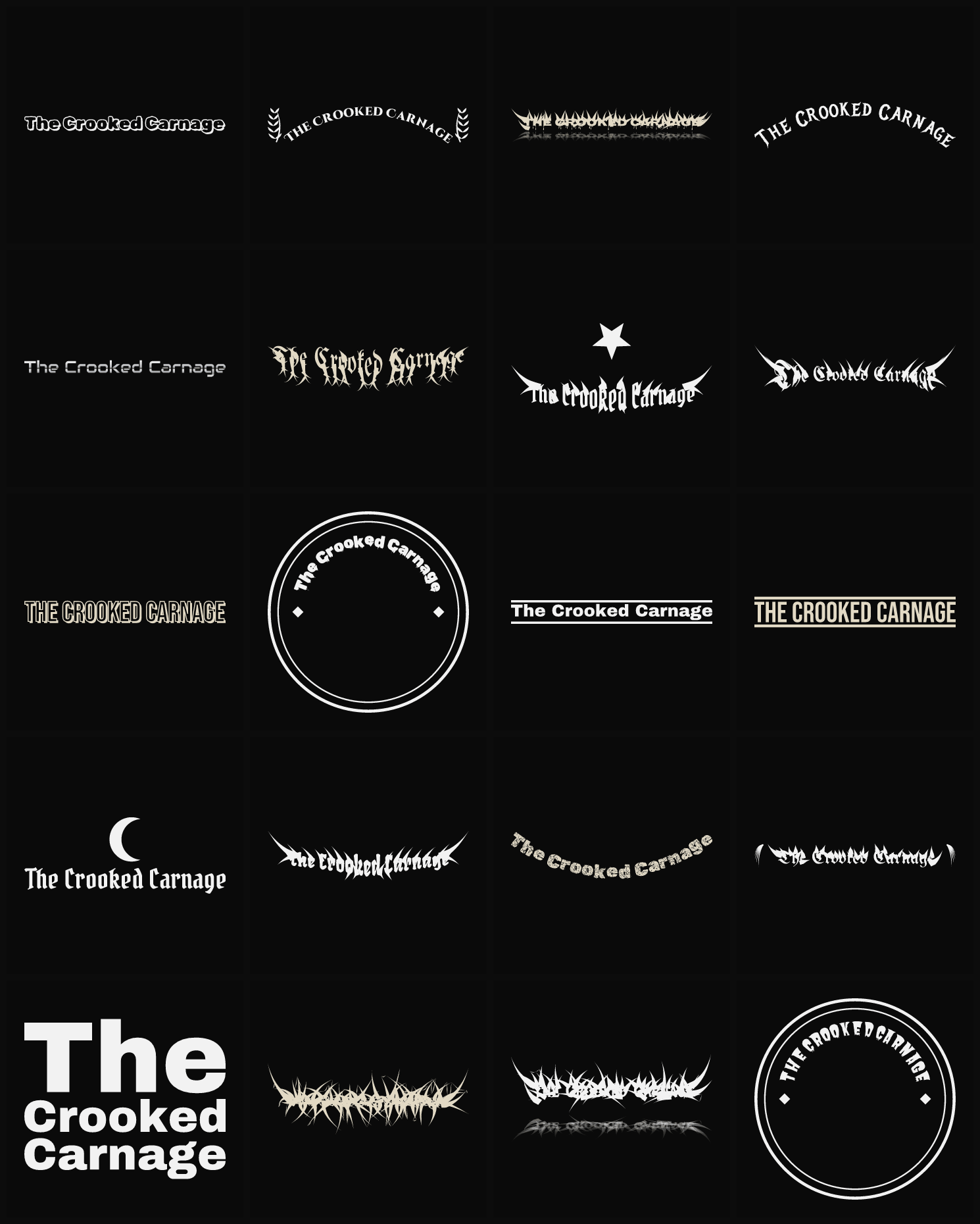 Twenty The Crooked Carnage band logo ideas — different faces, treatments and spike settings