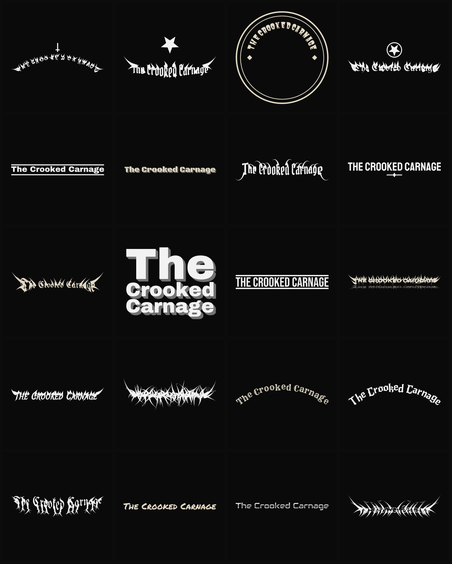 Twenty The Crooked Carnage band logo ideas — different faces, treatments and spike settings