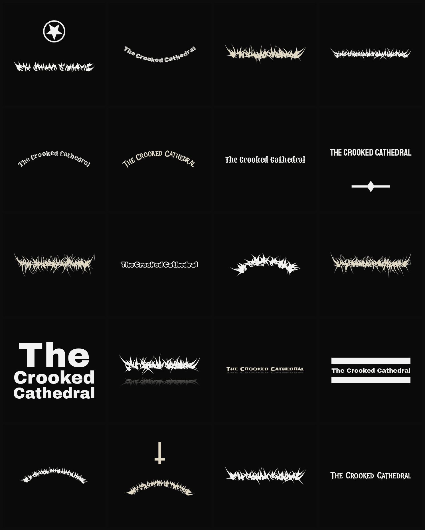 Twenty The Crooked Cathedral band logo ideas — different faces, treatments and spike settings