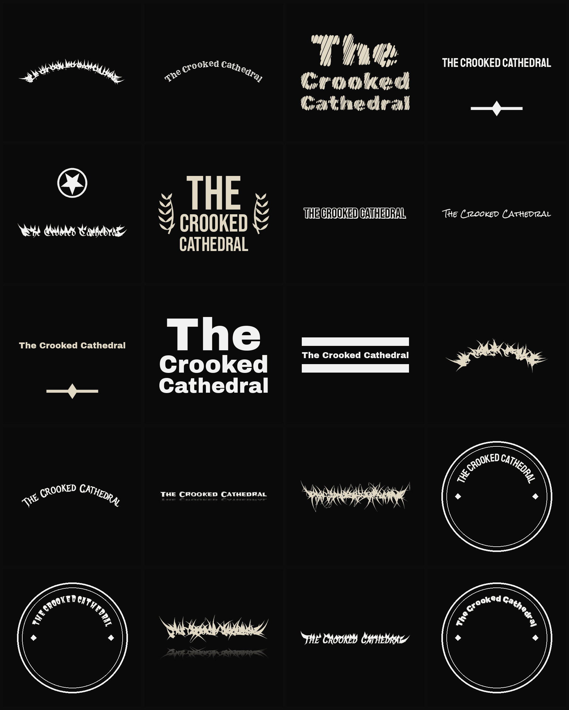 Twenty The Crooked Cathedral band logo ideas — different faces, treatments and spike settings