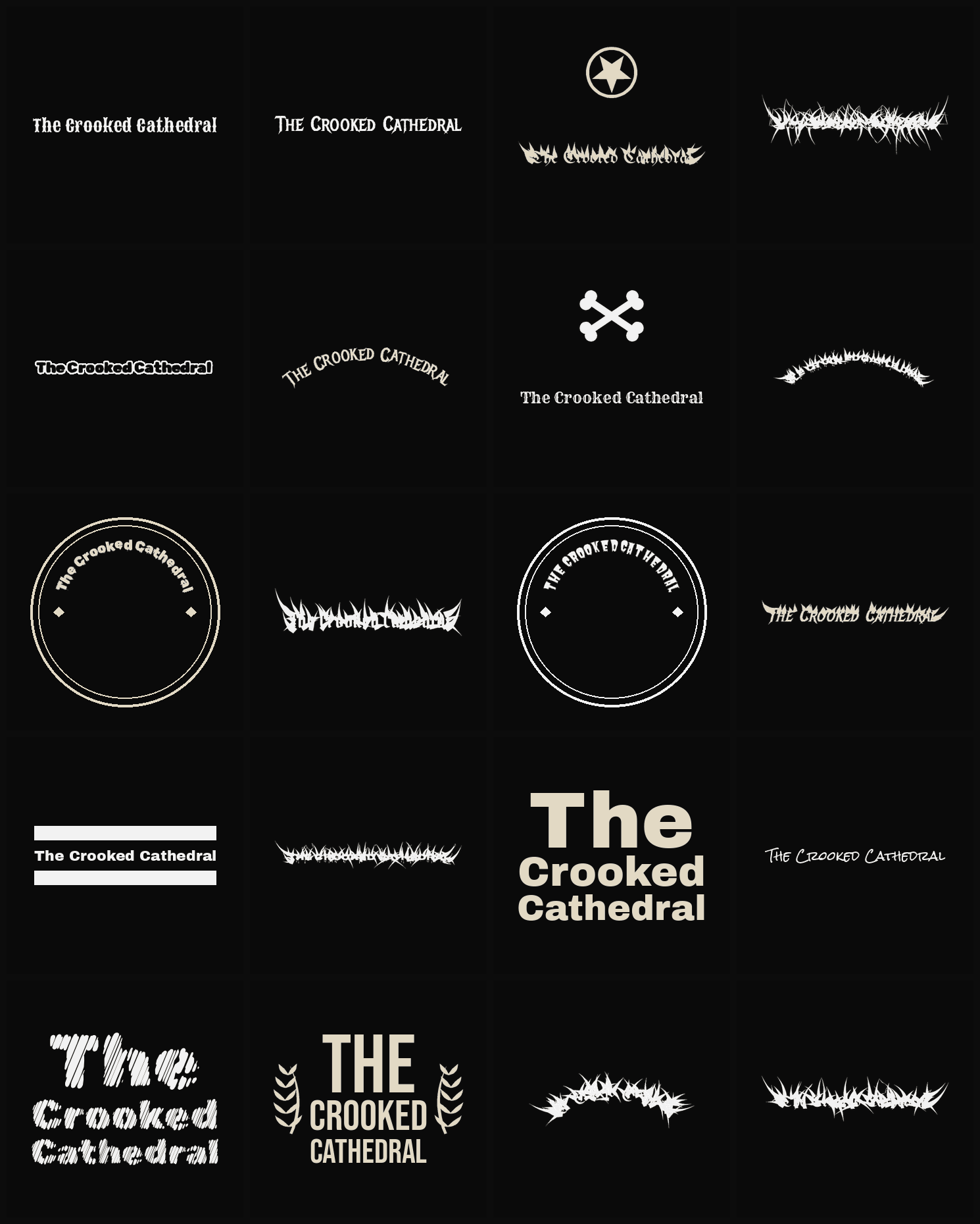 Twenty The Crooked Cathedral band logo ideas — different faces, treatments and spike settings