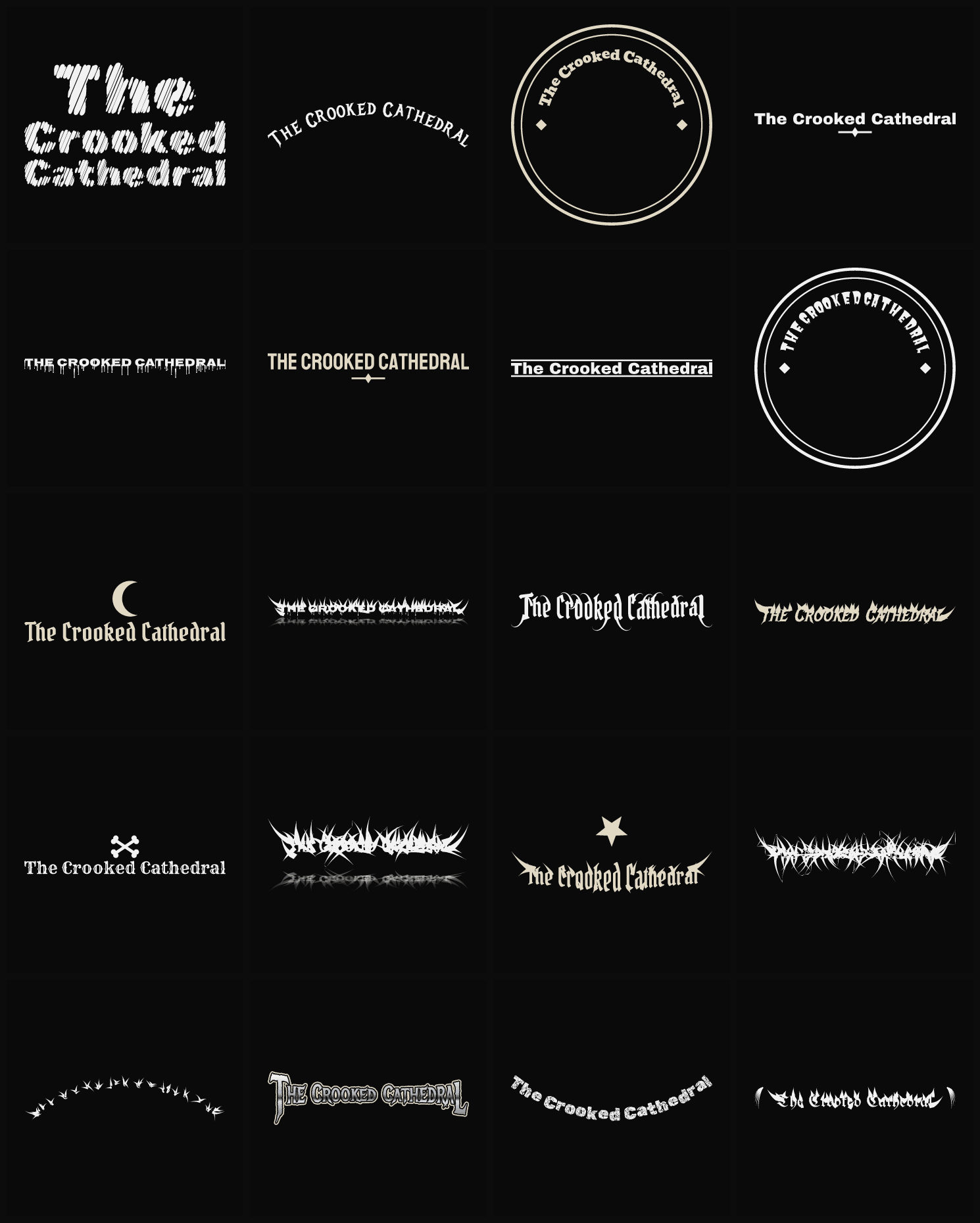 Twenty The Crooked Cathedral band logo ideas — different faces, treatments and spike settings