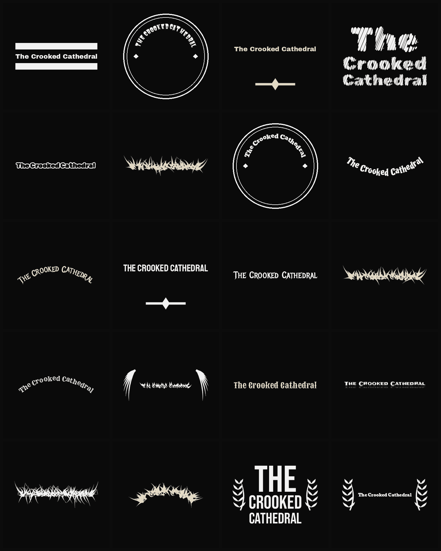 Twenty The Crooked Cathedral band logo ideas — different faces, treatments and spike settings