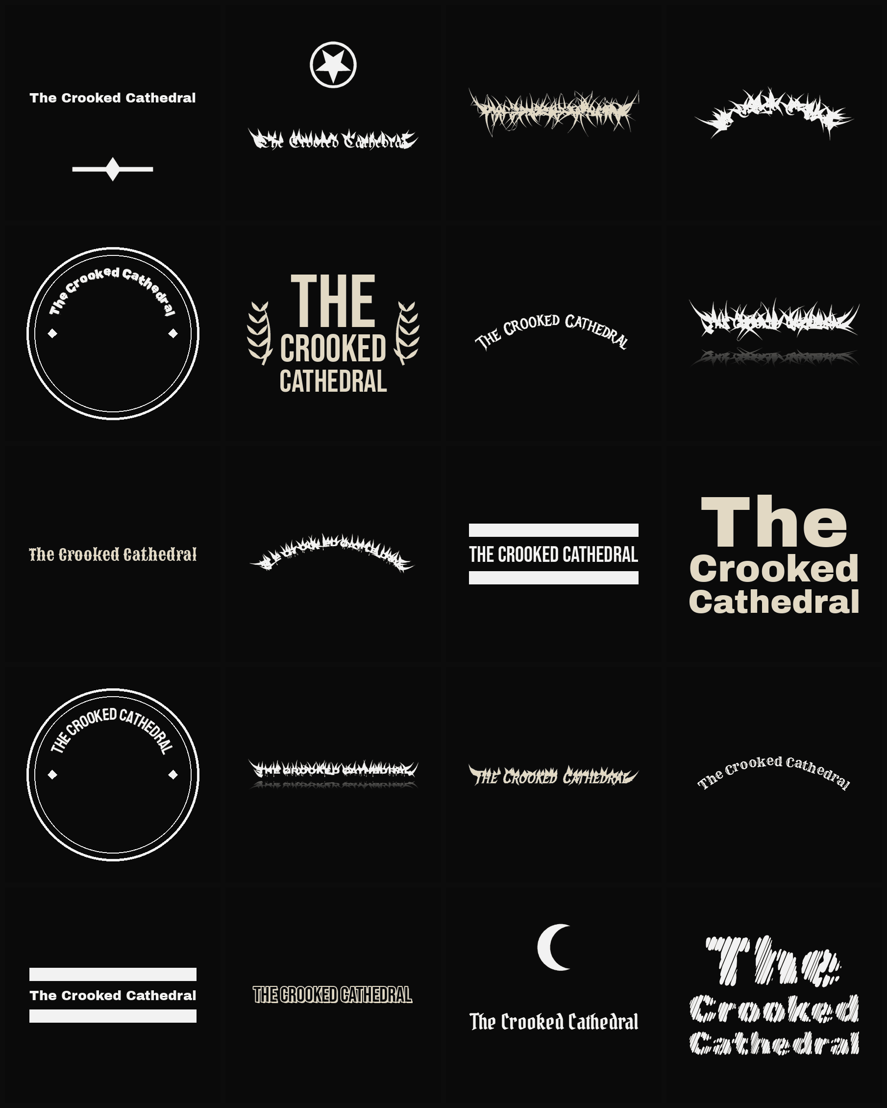 Twenty The Crooked Cathedral band logo ideas — different faces, treatments and spike settings
