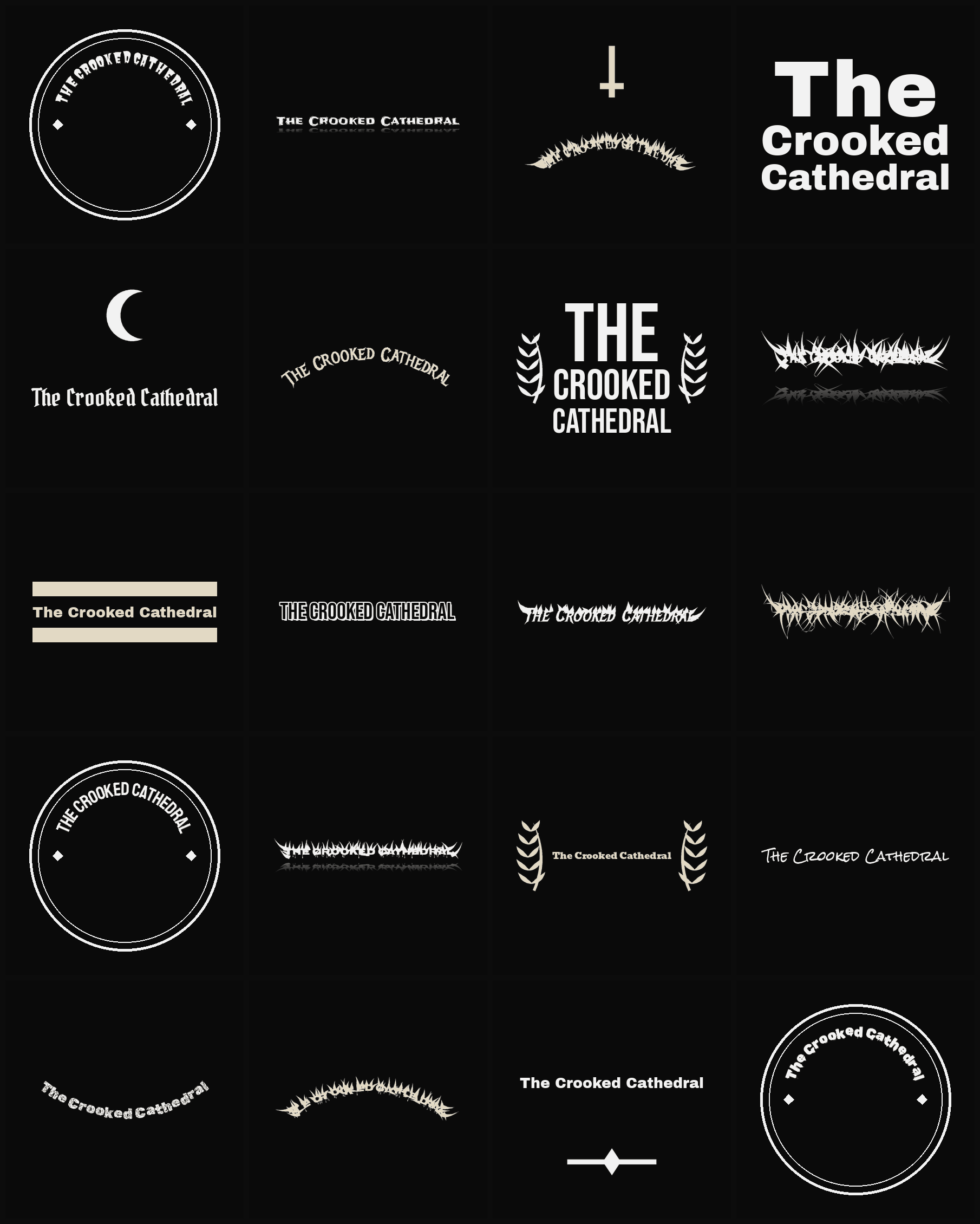 Twenty The Crooked Cathedral band logo ideas — different faces, treatments and spike settings