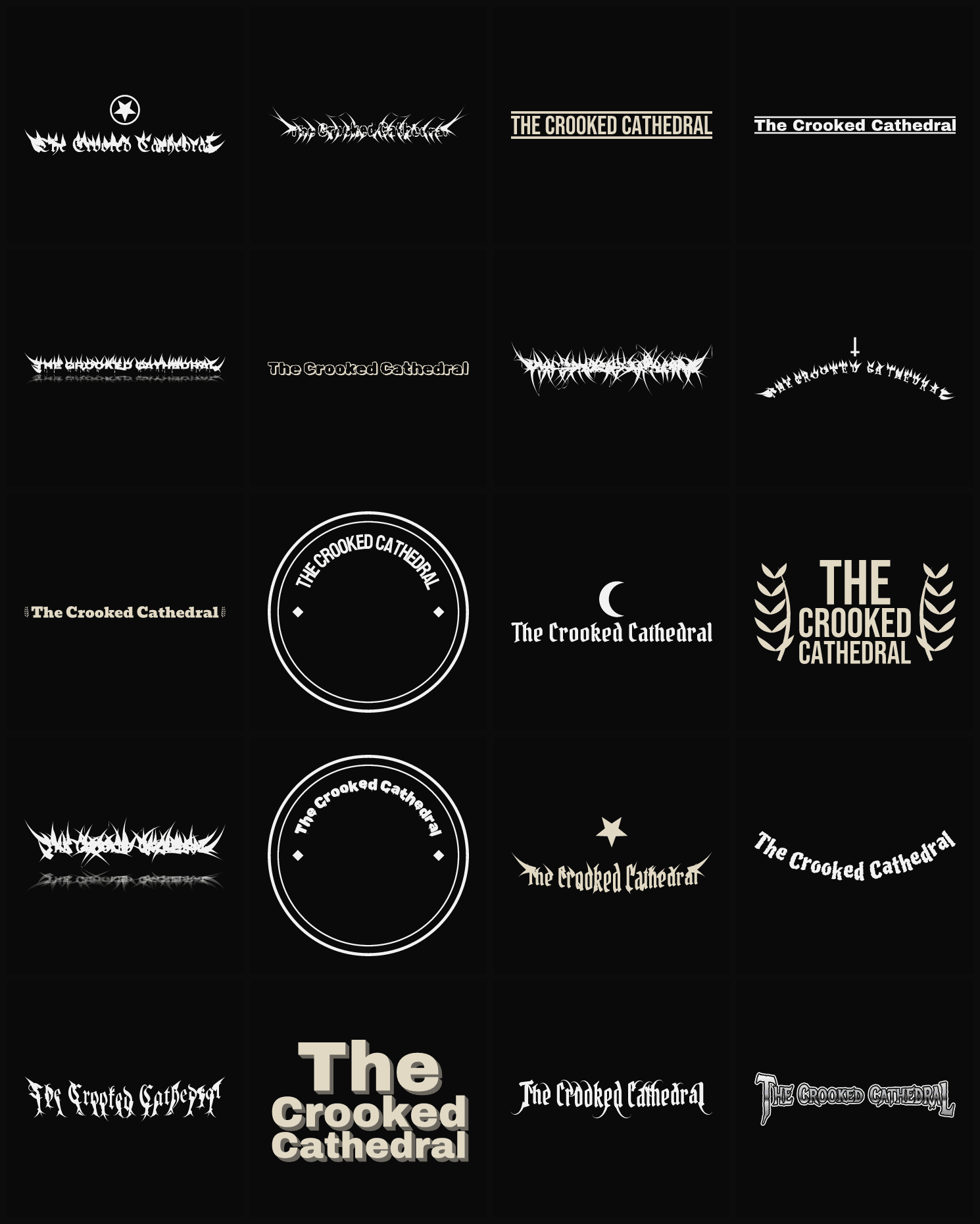 Twenty The Crooked Cathedral band logo ideas — different faces, treatments and spike settings