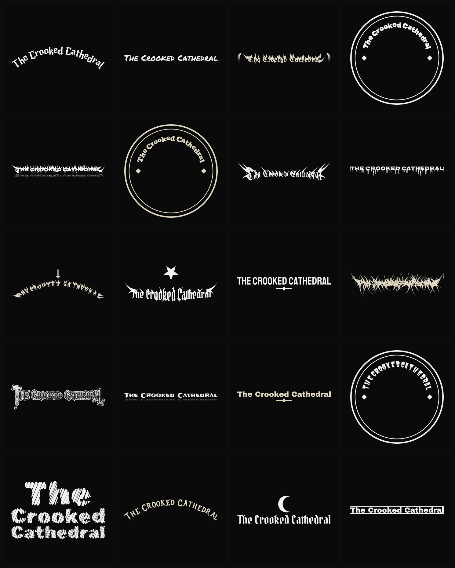 Twenty The Crooked Cathedral band logo ideas — different faces, treatments and spike settings