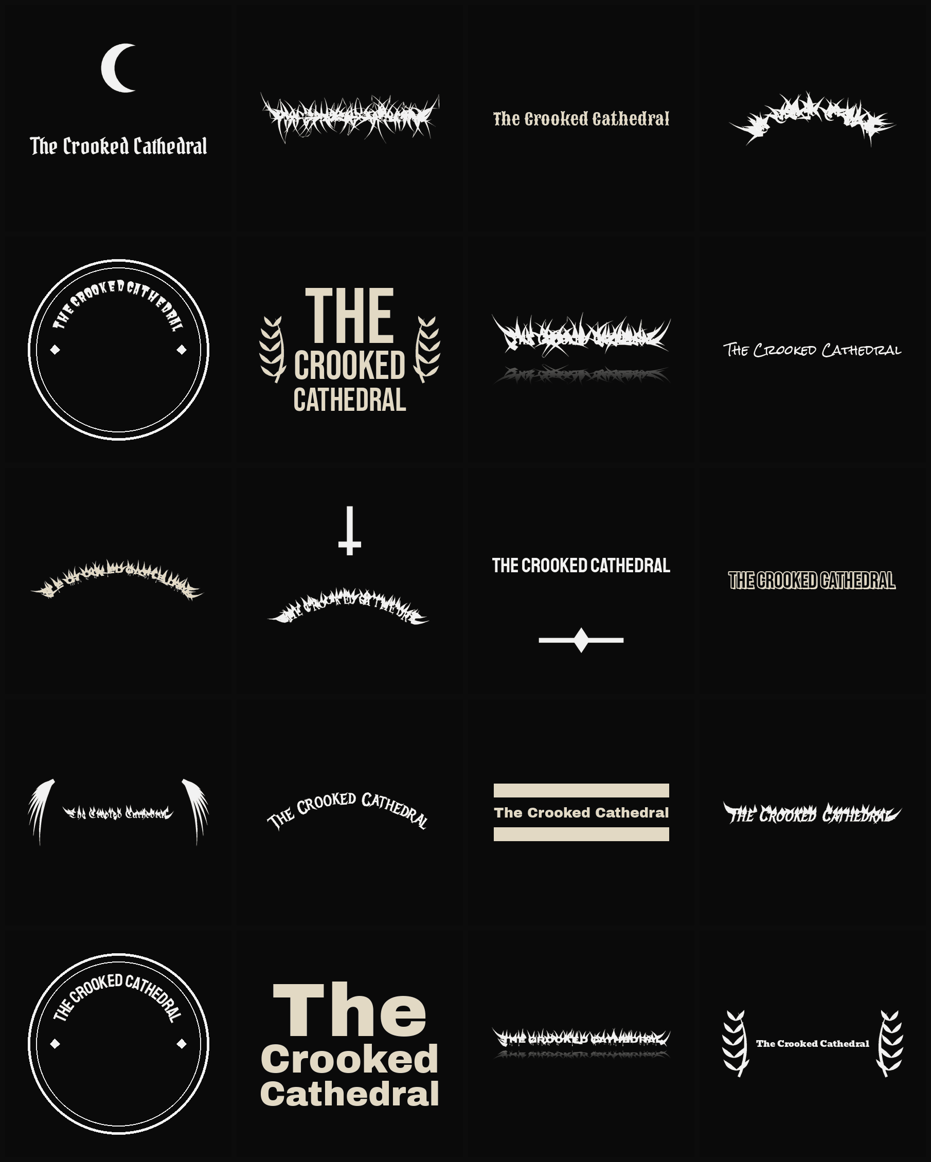 Twenty The Crooked Cathedral band logo ideas — different faces, treatments and spike settings