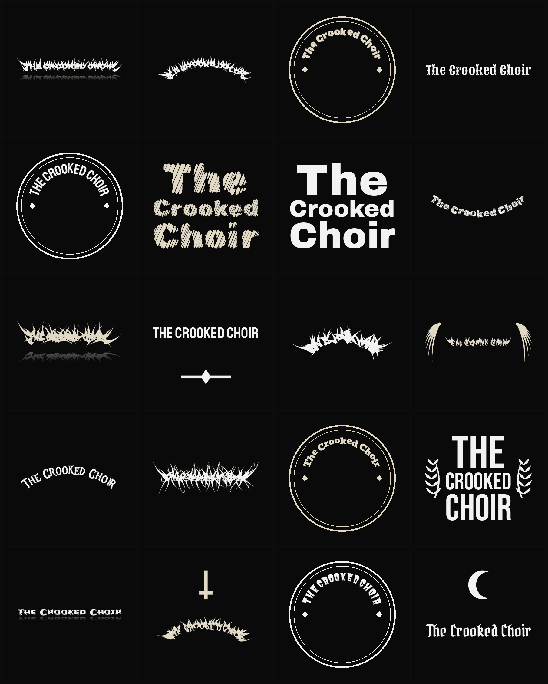 Twenty The Crooked Choir band logo ideas — different faces, treatments and spike settings