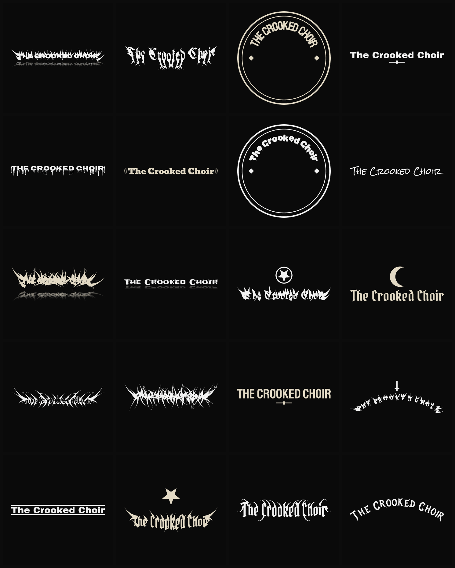 Twenty The Crooked Choir band logo ideas — different faces, treatments and spike settings