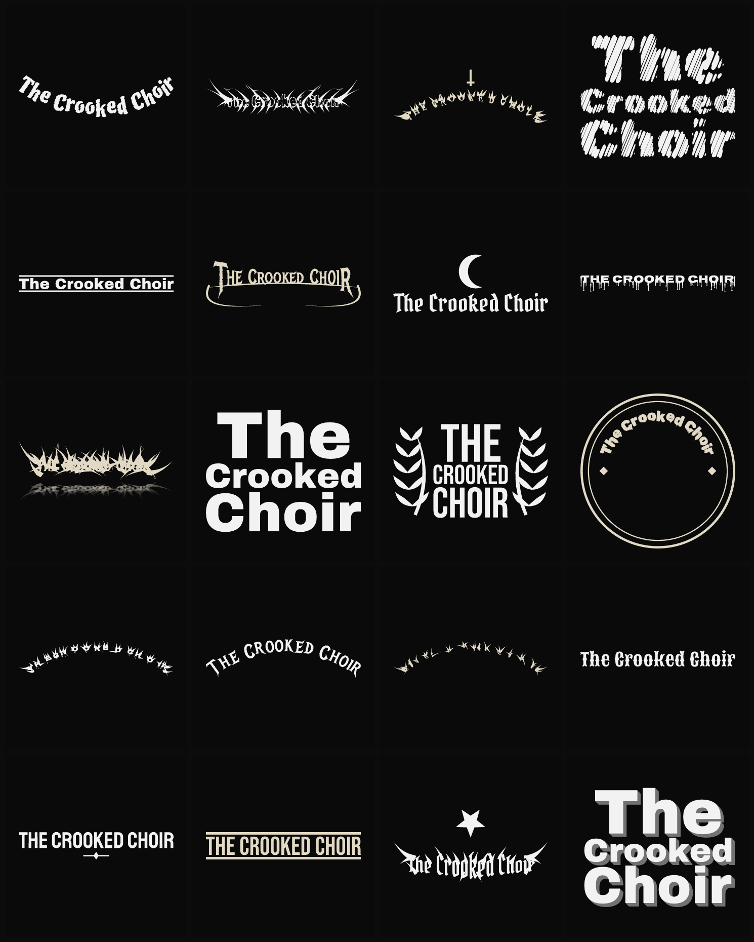 Twenty The Crooked Choir band logo ideas — different faces, treatments and spike settings