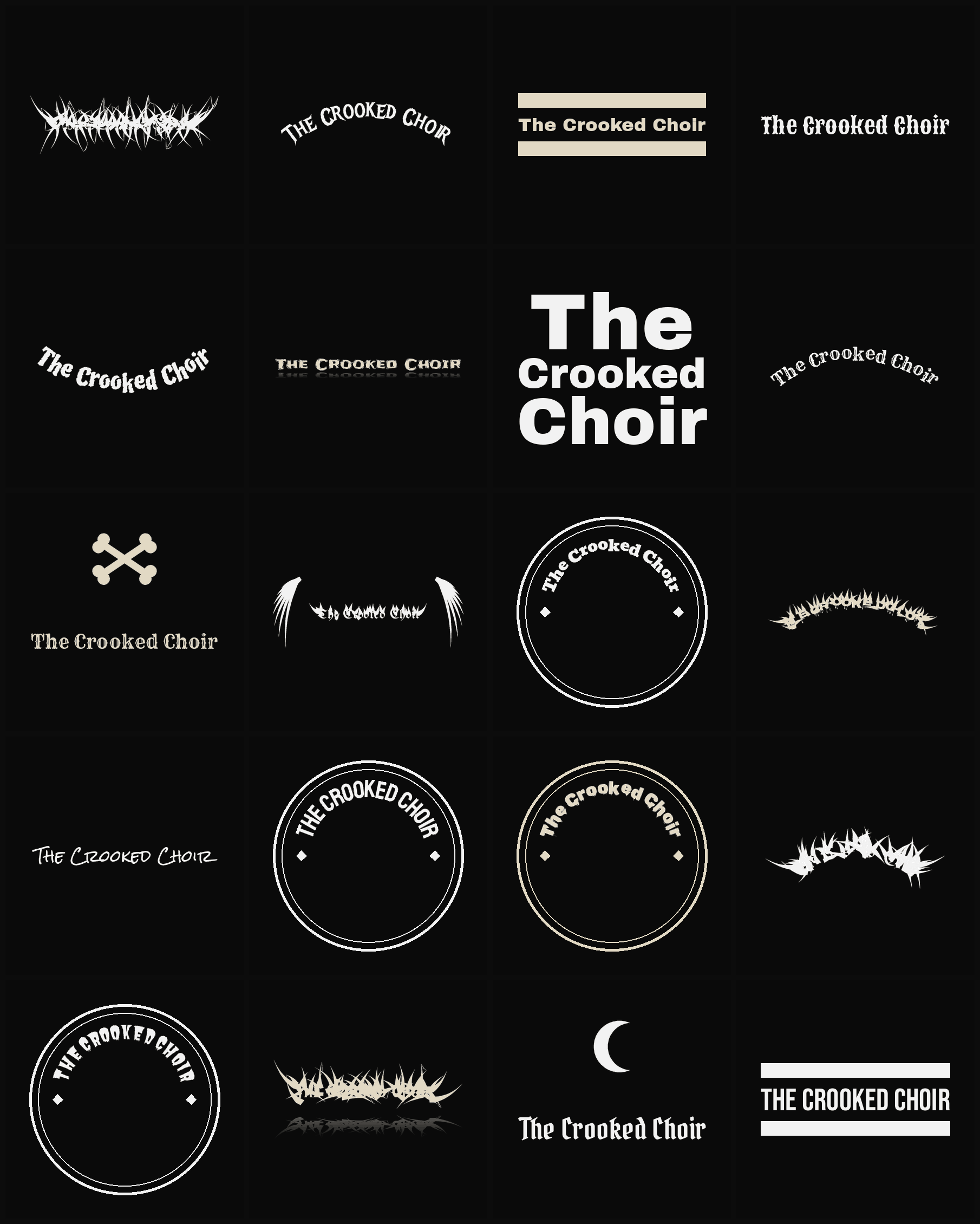 Twenty The Crooked Choir band logo ideas — different faces, treatments and spike settings
