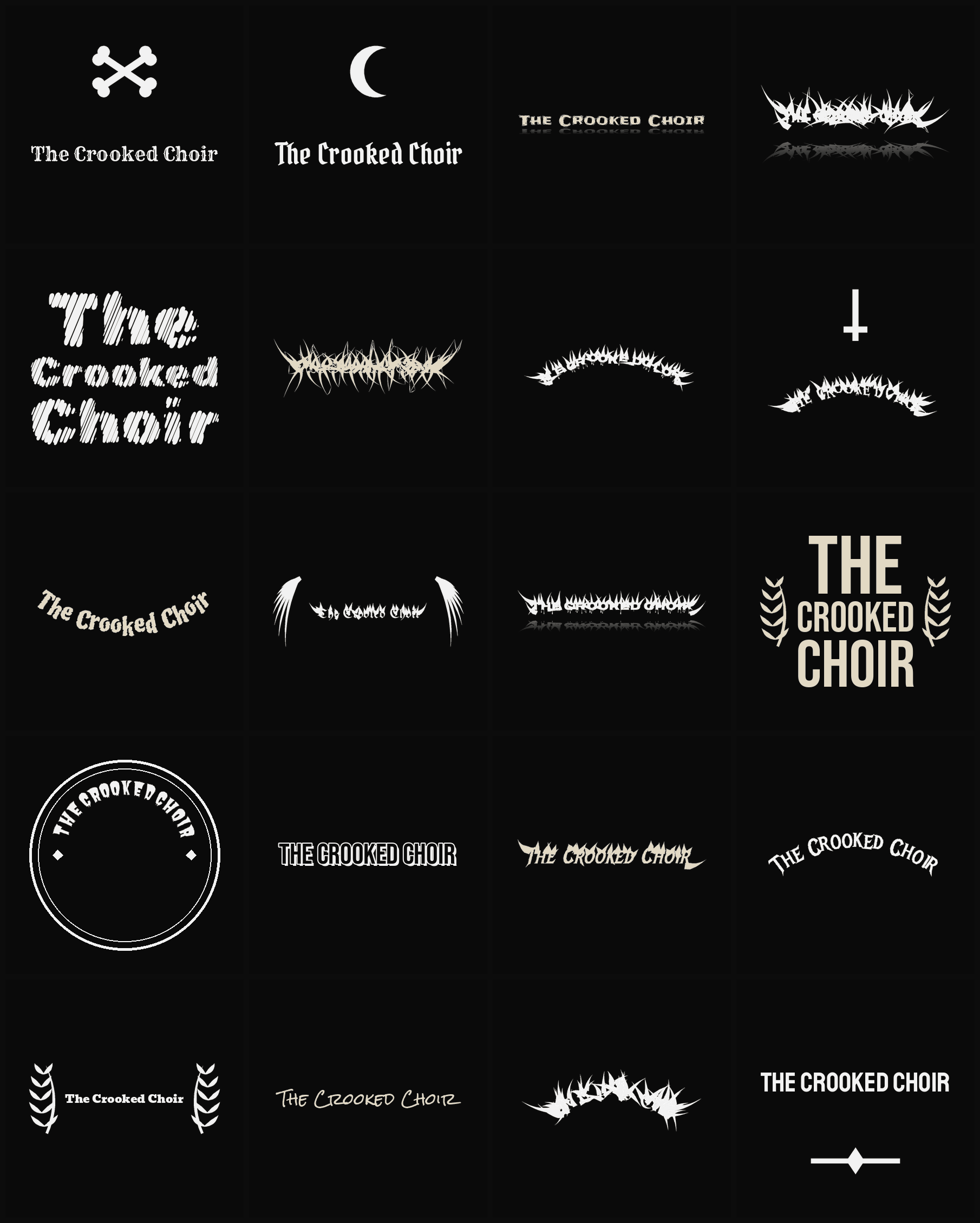 Twenty The Crooked Choir band logo ideas — different faces, treatments and spike settings
