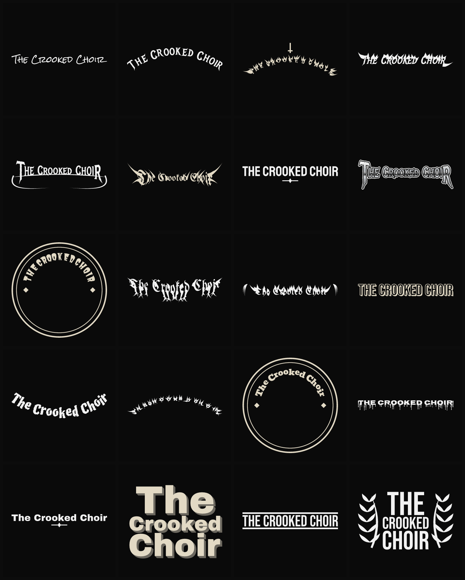 Twenty The Crooked Choir band logo ideas — different faces, treatments and spike settings