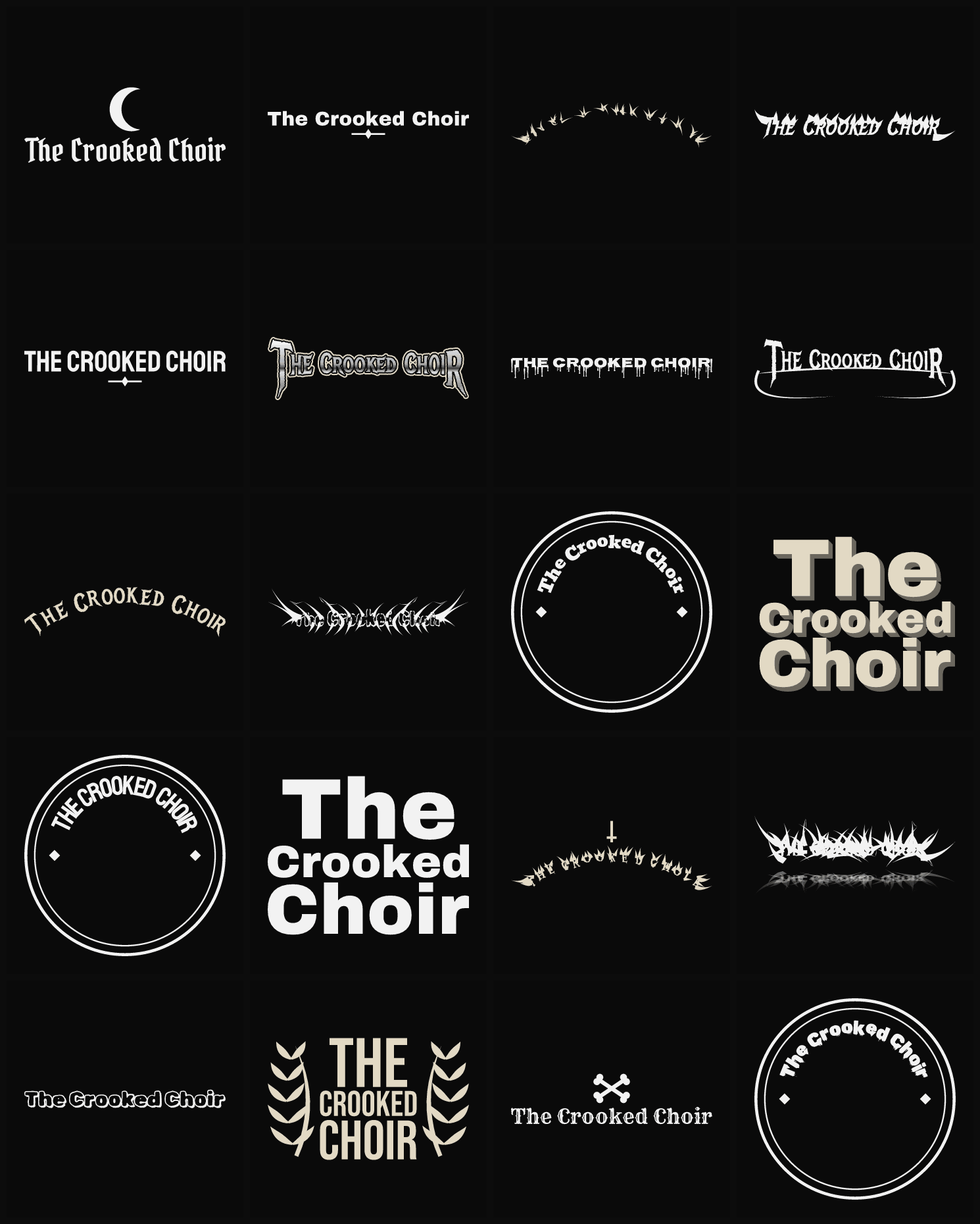 Twenty The Crooked Choir band logo ideas — different faces, treatments and spike settings