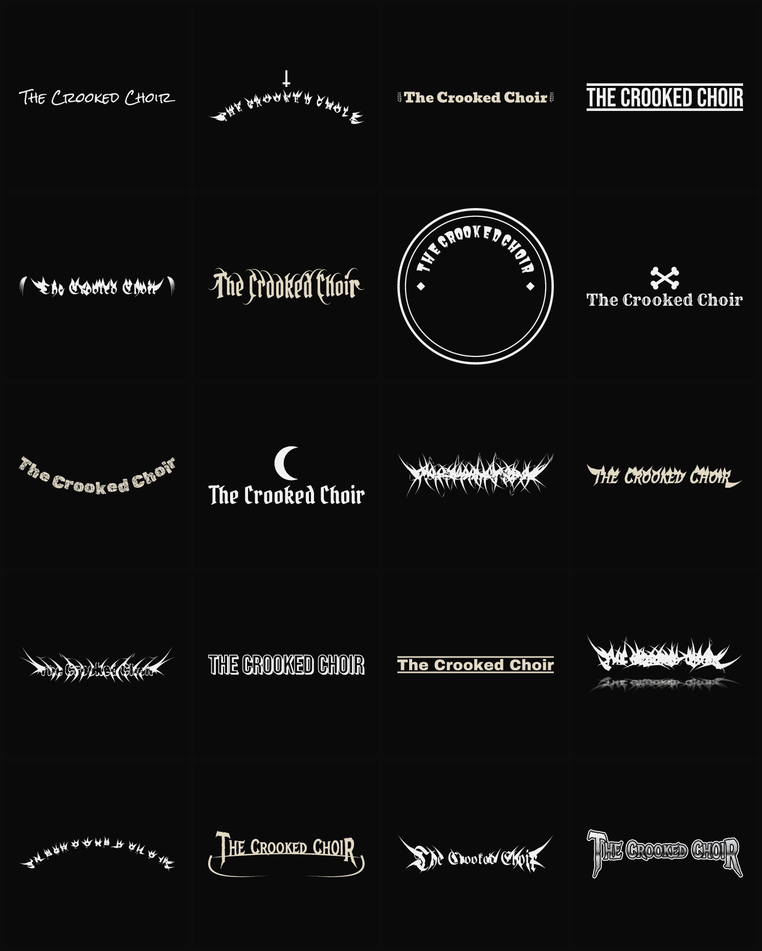 Twenty The Crooked Choir band logo ideas — different faces, treatments and spike settings
