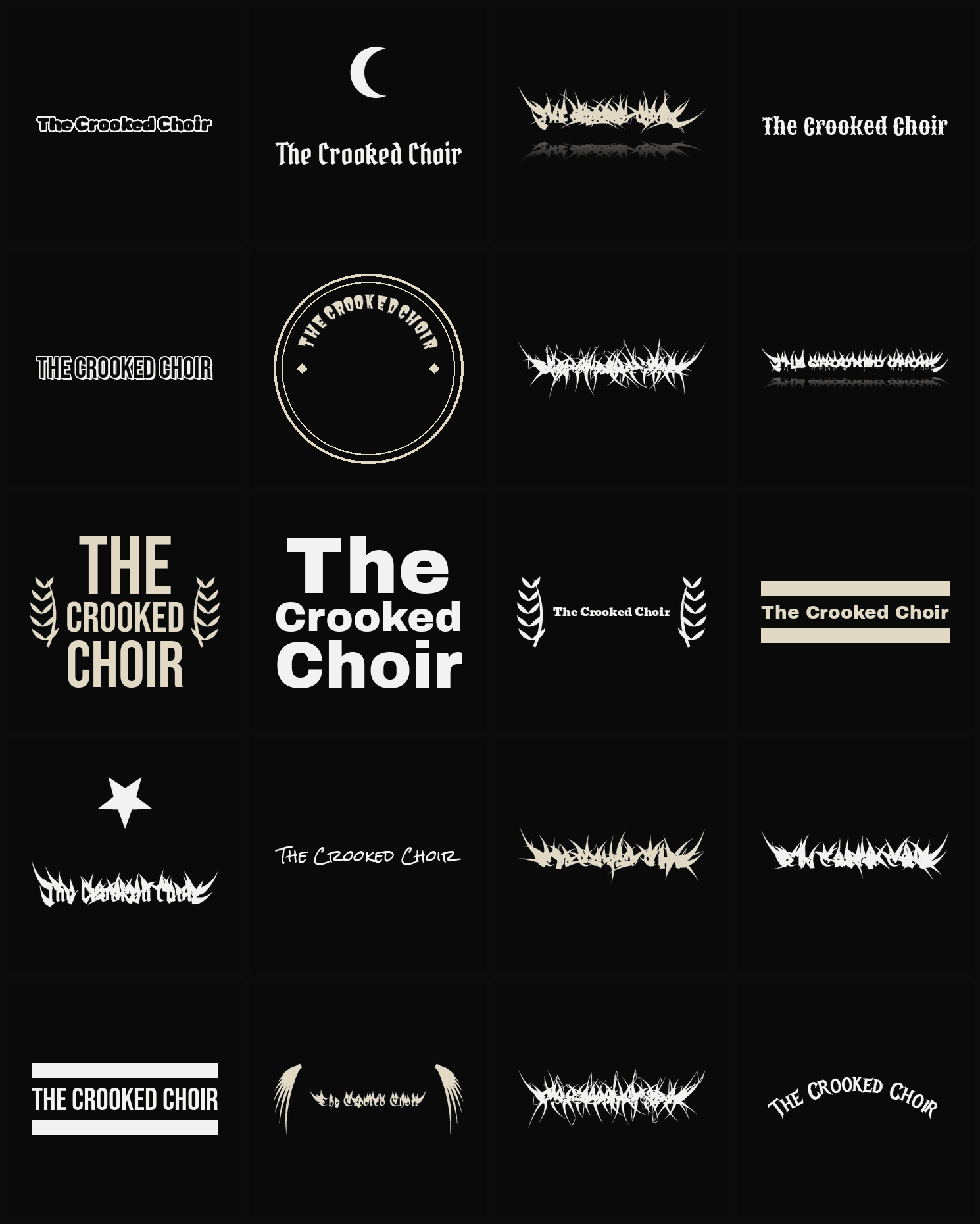 Twenty The Crooked Choir band logo ideas — different faces, treatments and spike settings