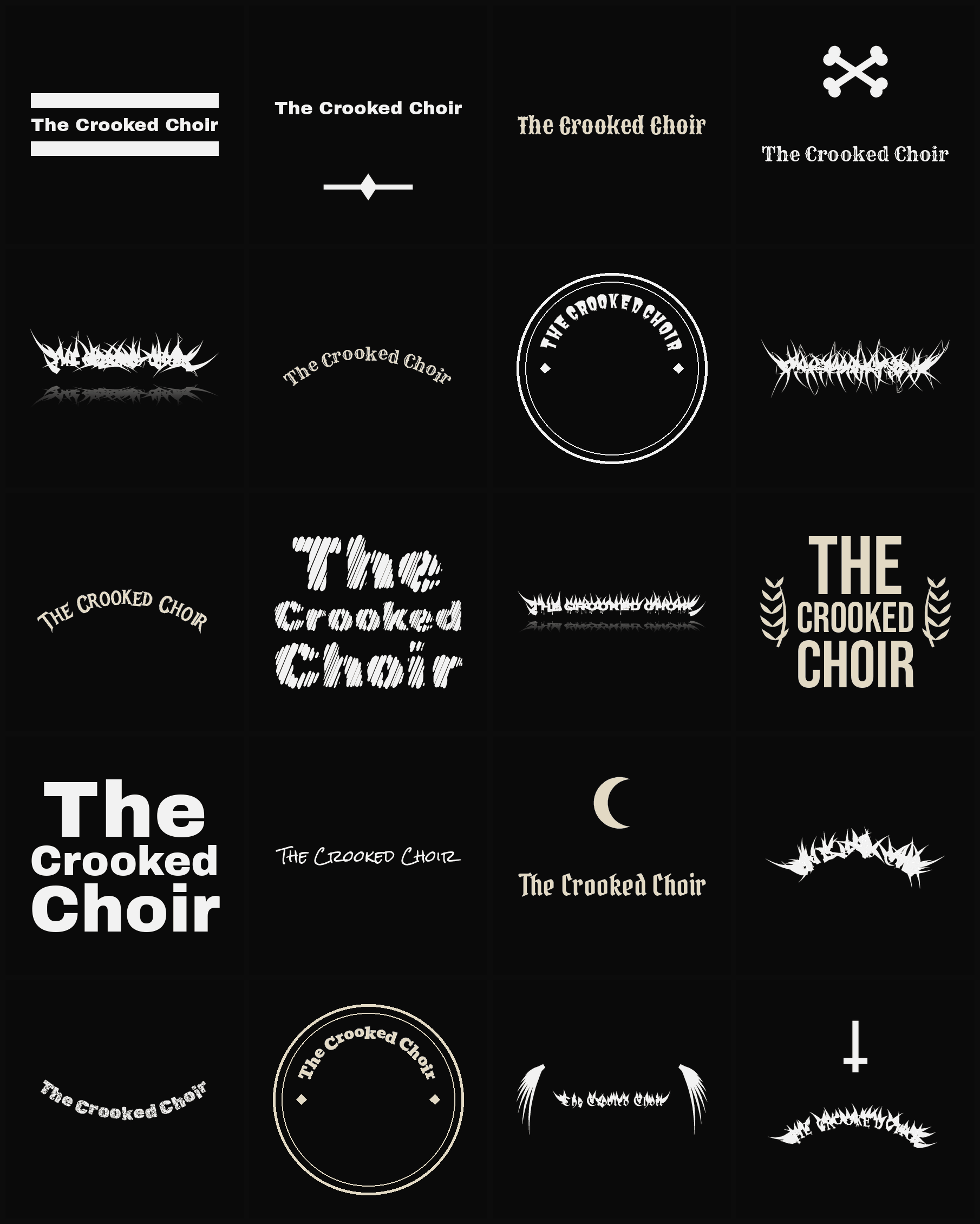 Twenty The Crooked Choir band logo ideas — different faces, treatments and spike settings