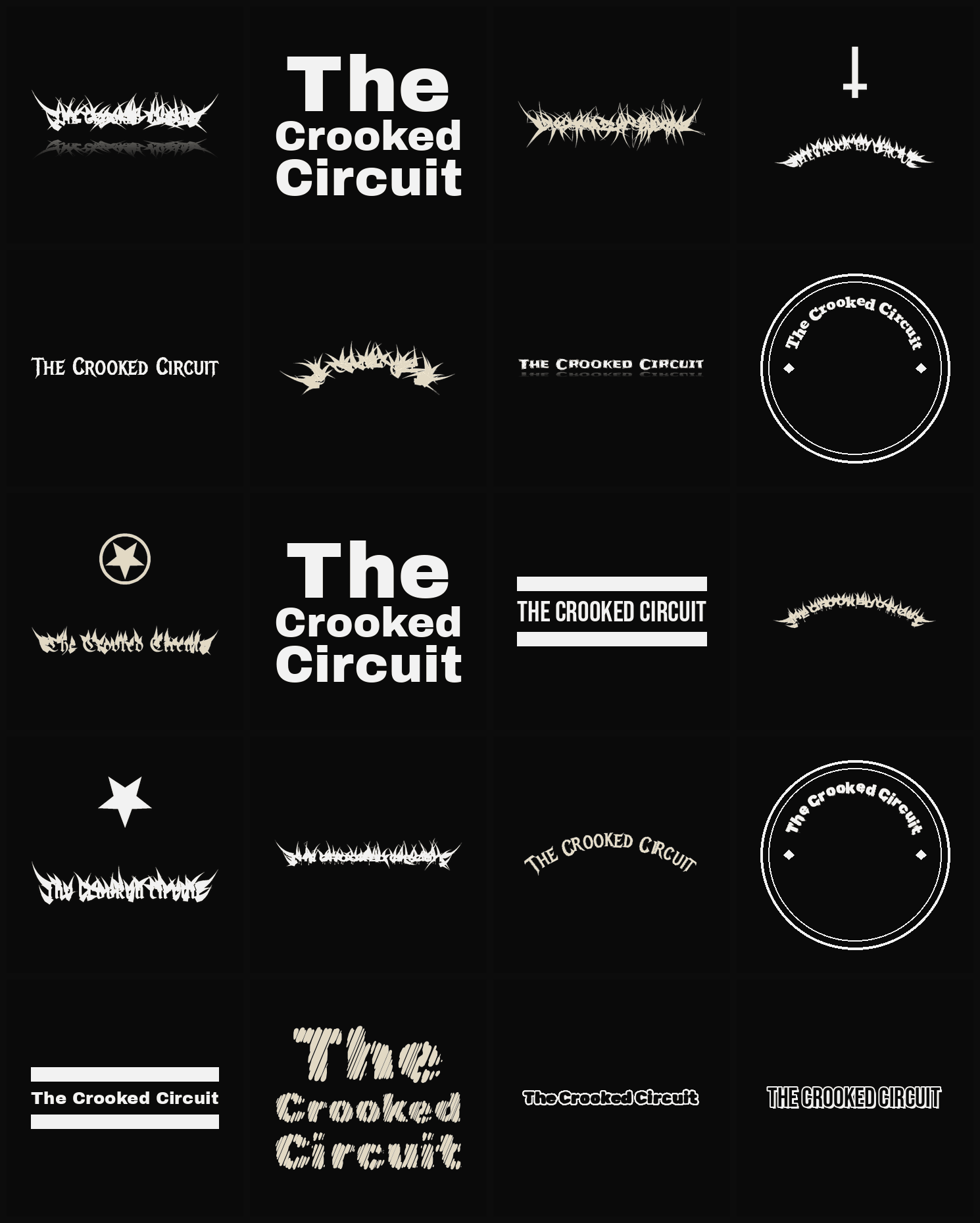 Twenty The Crooked Circuit band logo ideas — different faces, treatments and spike settings