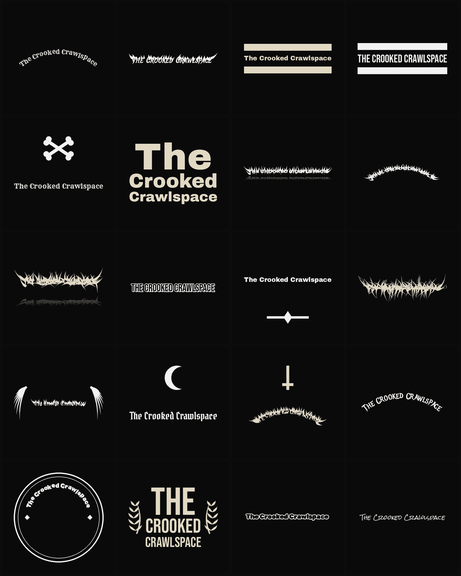 Twenty The Crooked Crawlspace band logo ideas — different faces, treatments and spike settings